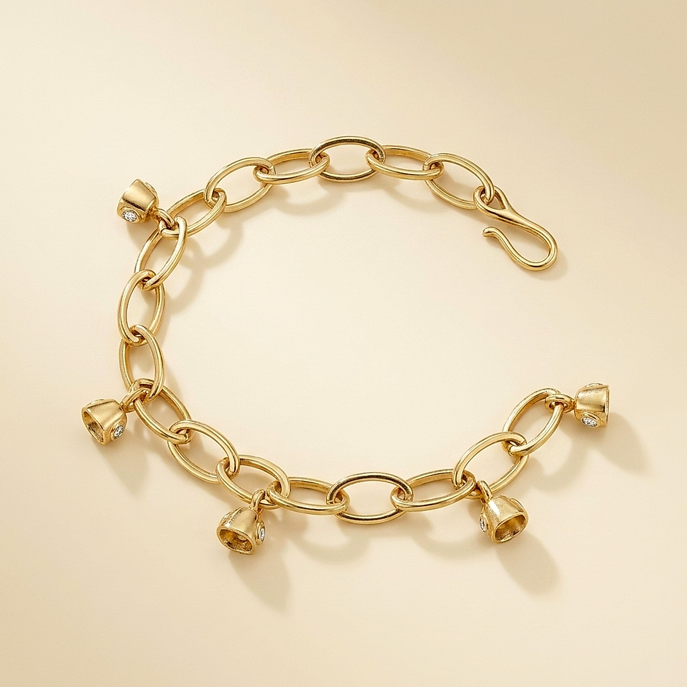18K Yellow Gold Matte Oval Link Bell Charm Bracelet