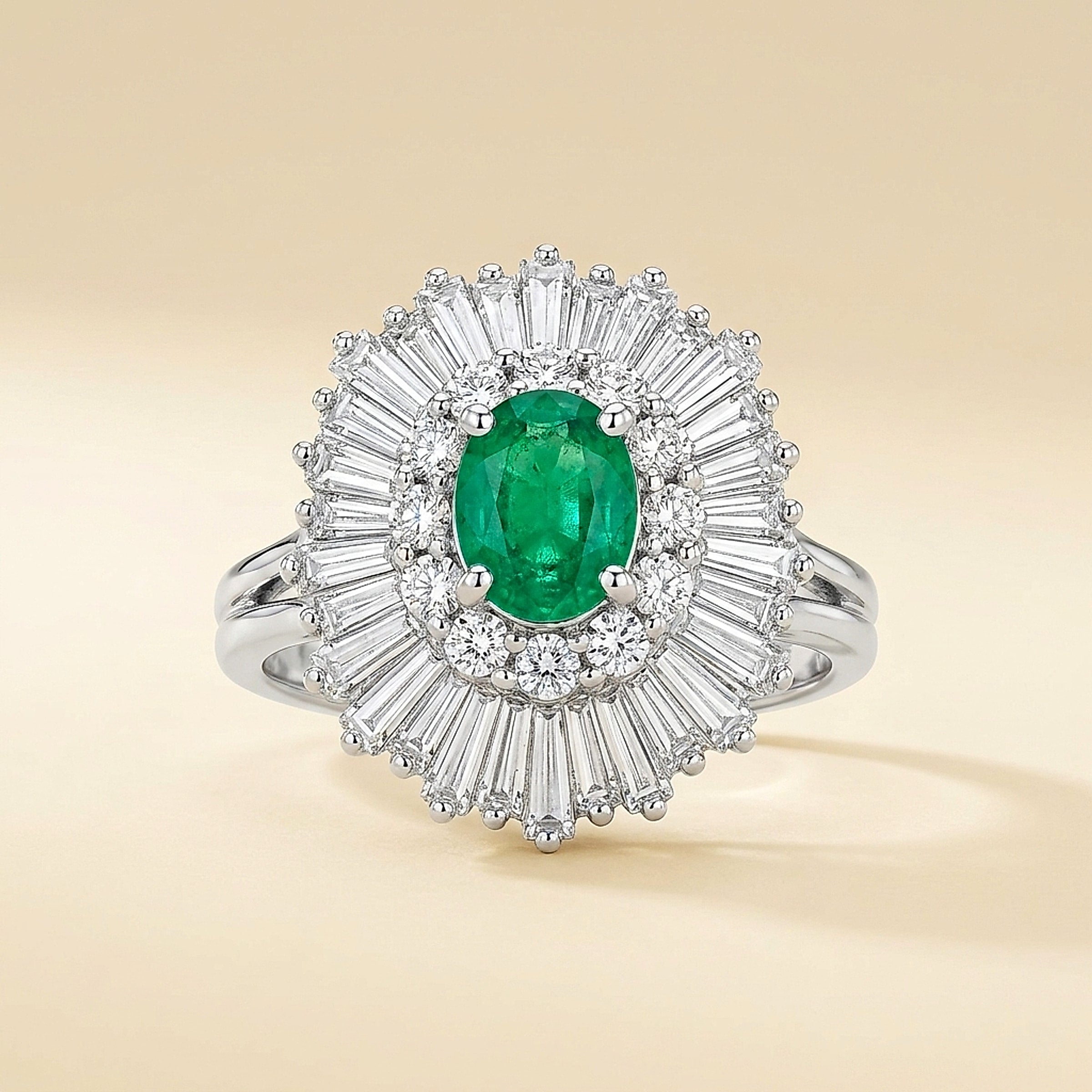 Platinum Emerald and Diamond Ballerina Ring