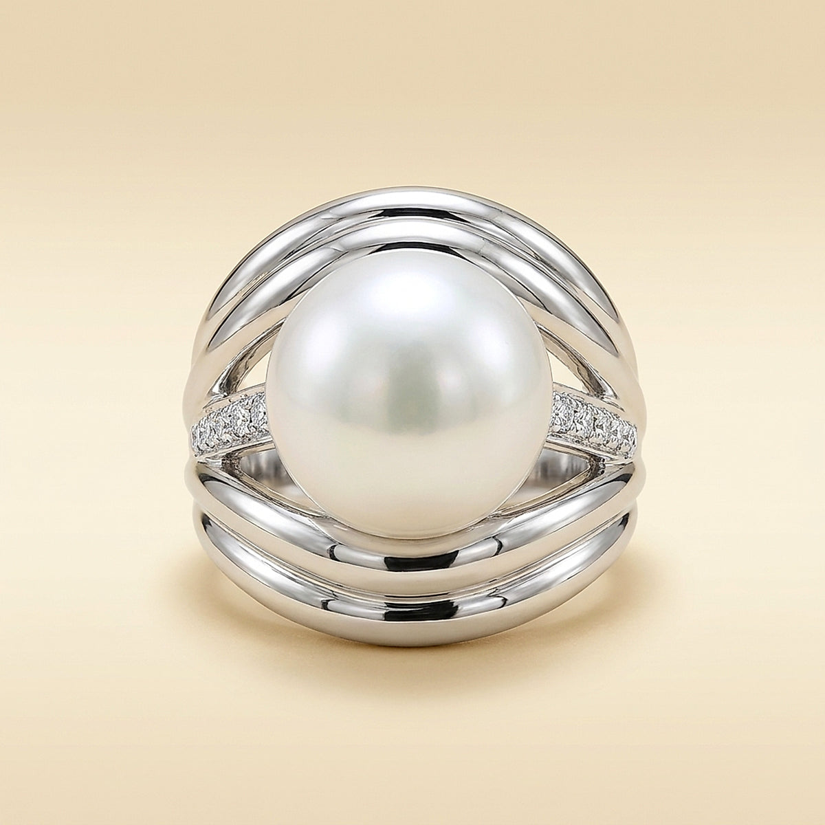 Asba 14K White Gold South Sea Pearl and Diamond Cocktail Ring