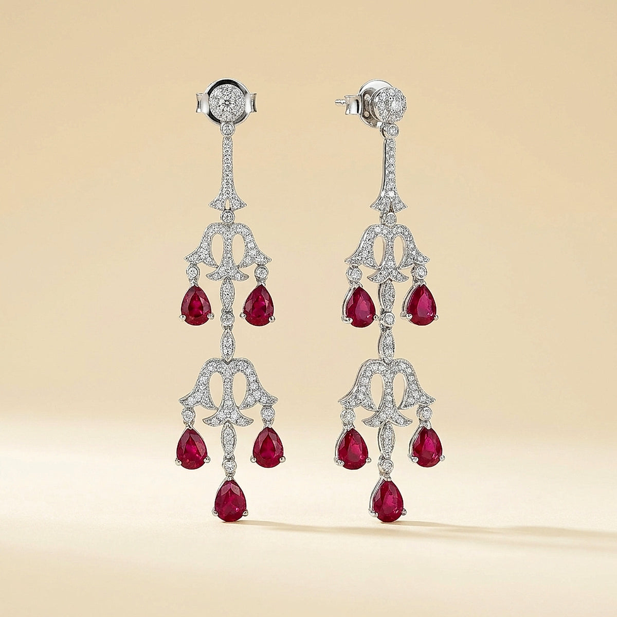 Burma Ruby and Diamond Drop Chandelier Earrings