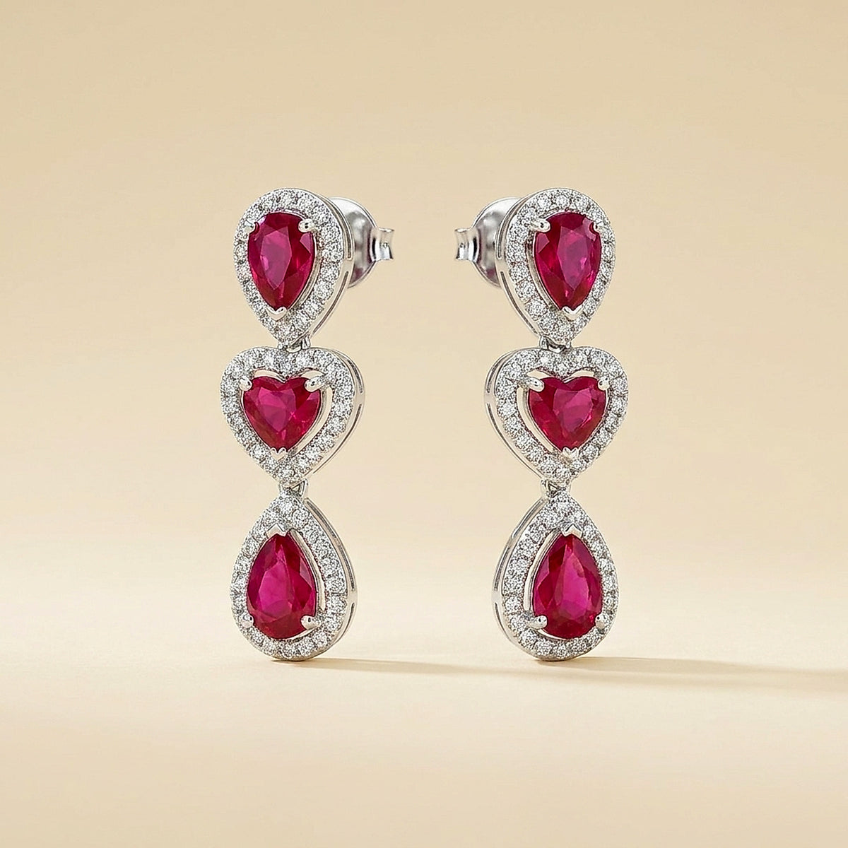 18K White Gold Burma Ruby and Diamond Drop Earrings