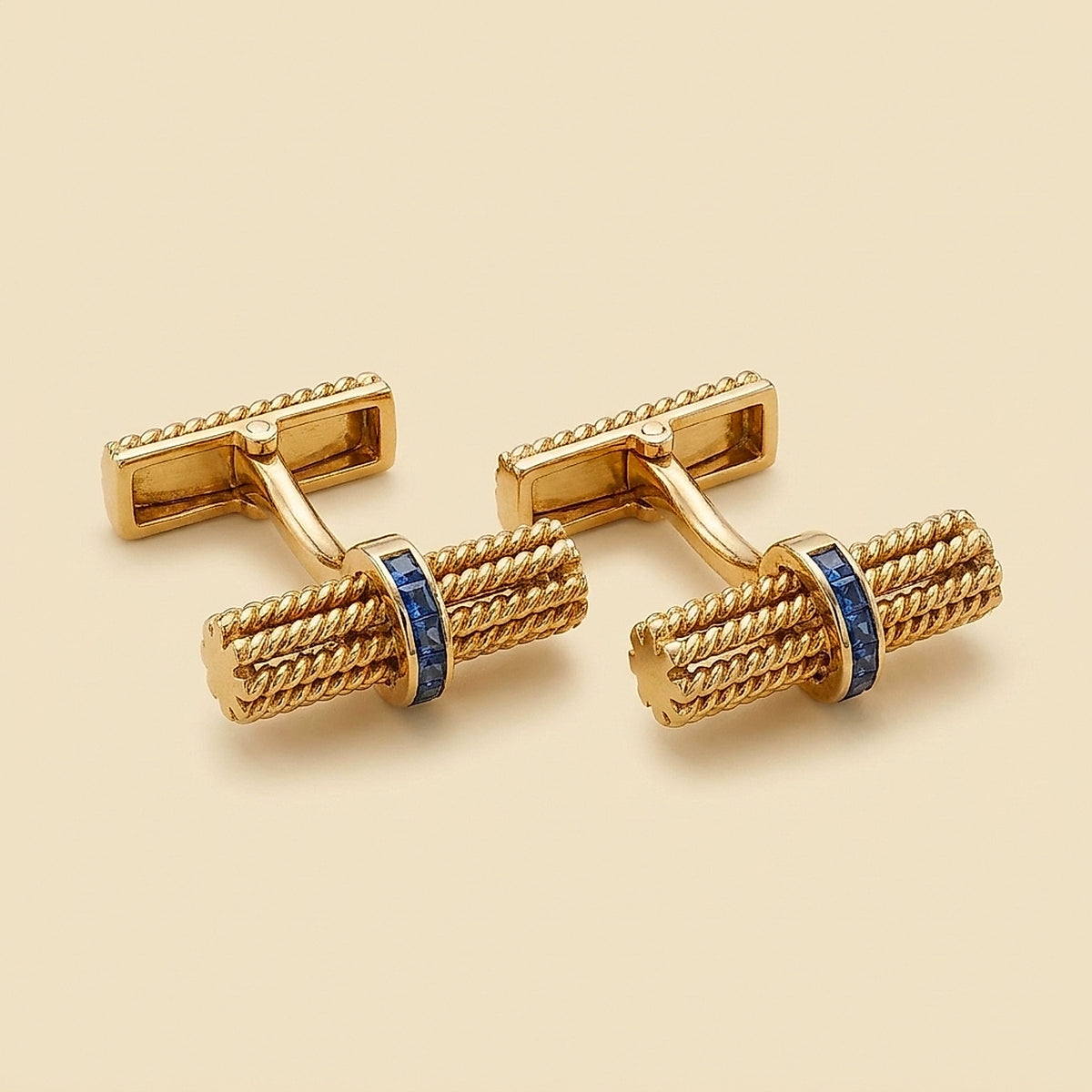 French Mid-Century 18K Yellow Gold and Sapphire Cuff Links