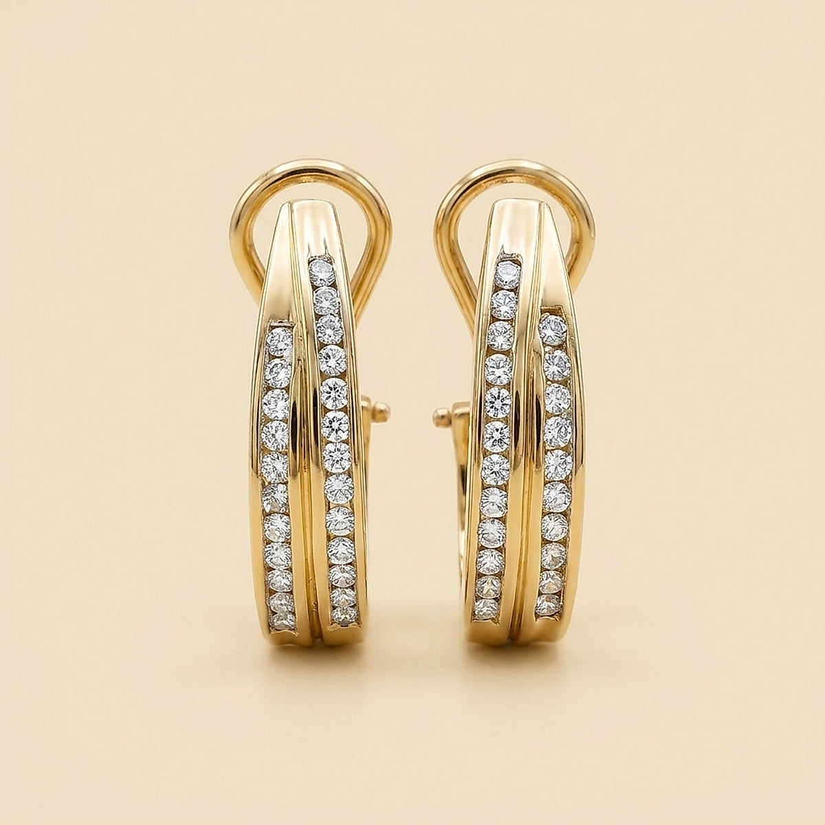 14K Yellow Gold Double Row Diamond J-Hoop Earrings