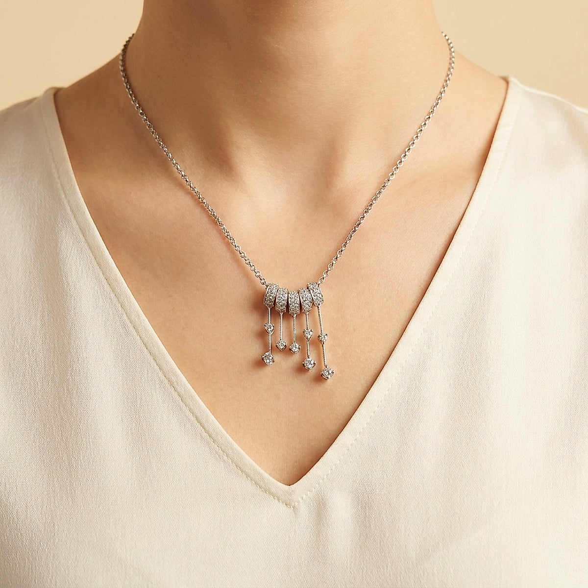 14K White Gold Diamond Tassel Drop Necklace