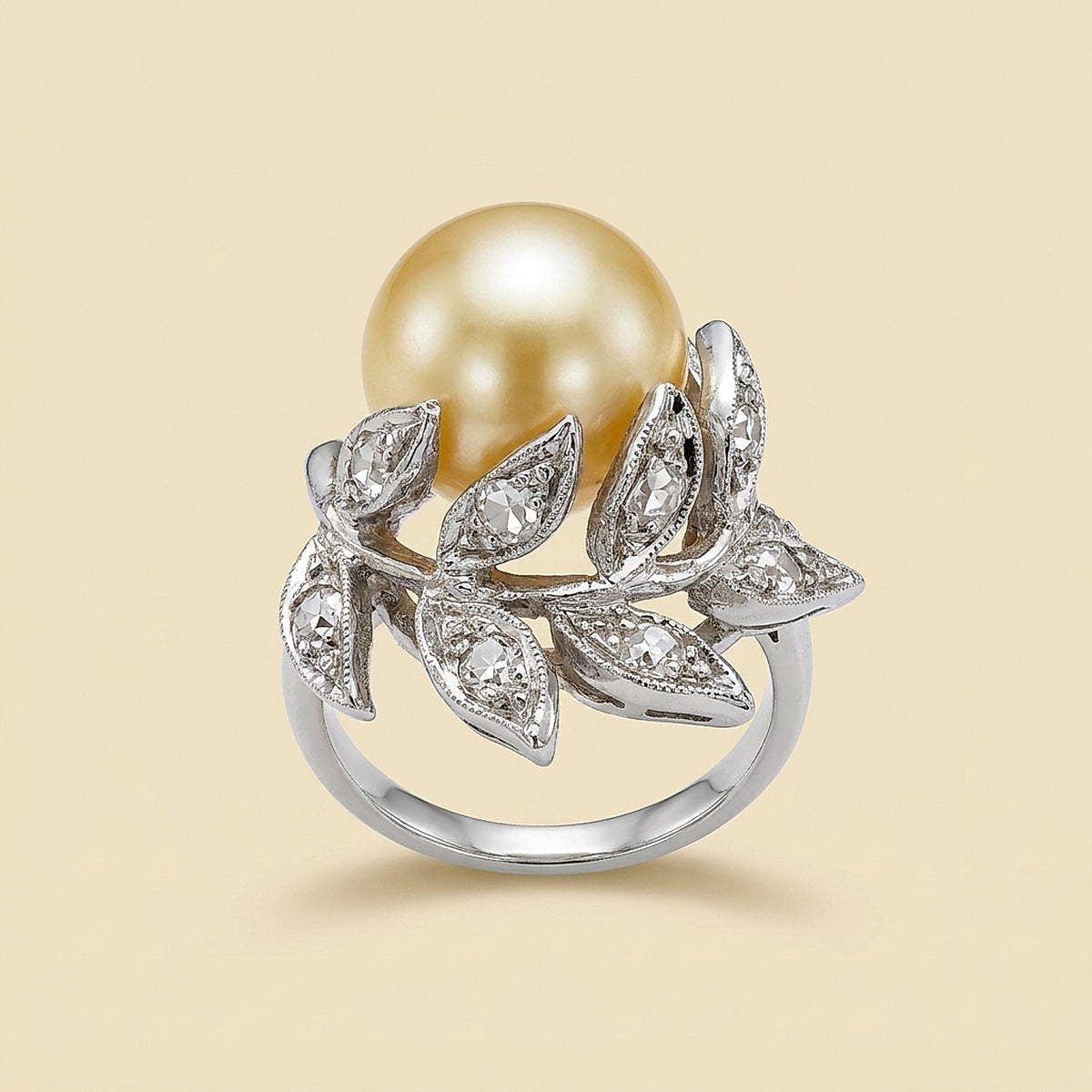 14K White Gold Cultured Pearl and Diamond Branch Ring