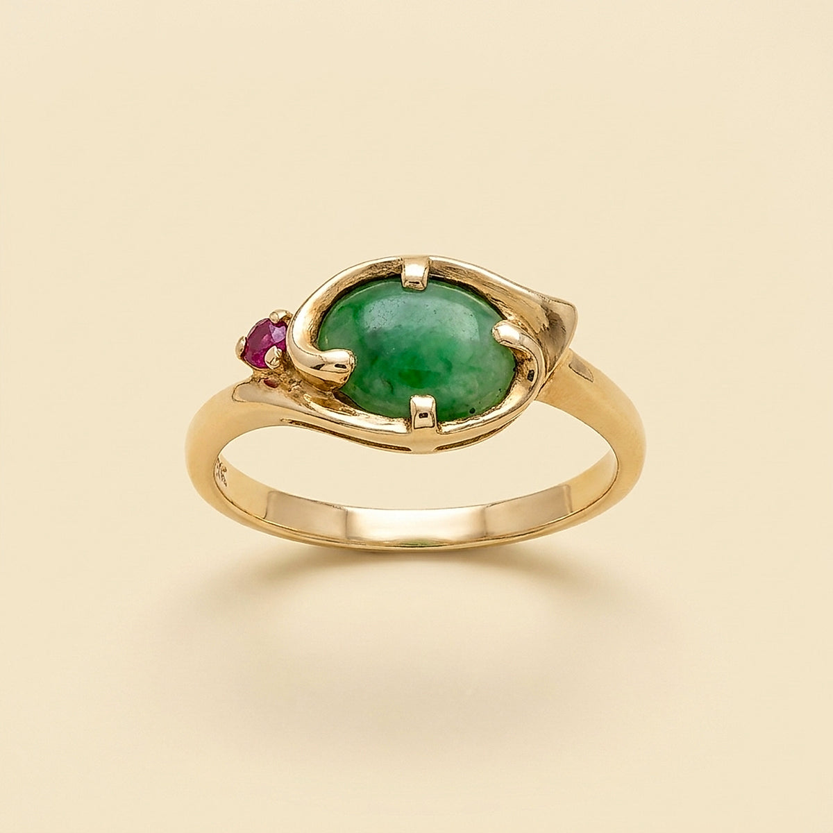 10K Yellow Gold Jade and Ruby Leaf Motif Ring