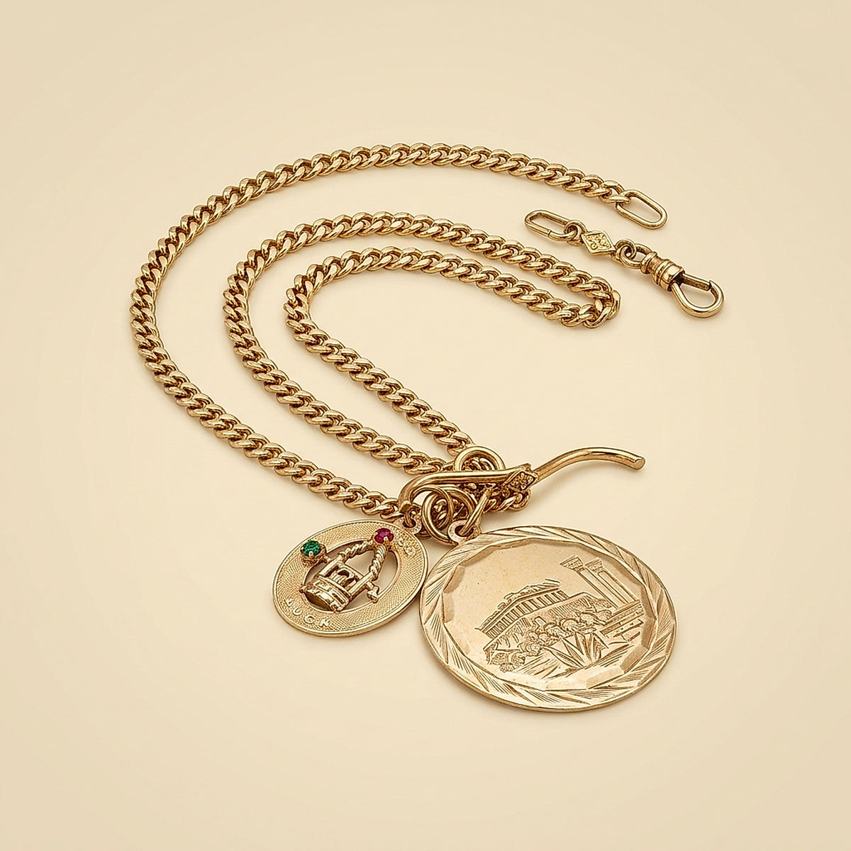 14K Yellow Gold Turn of the Century Watch Fob Chain with Charms