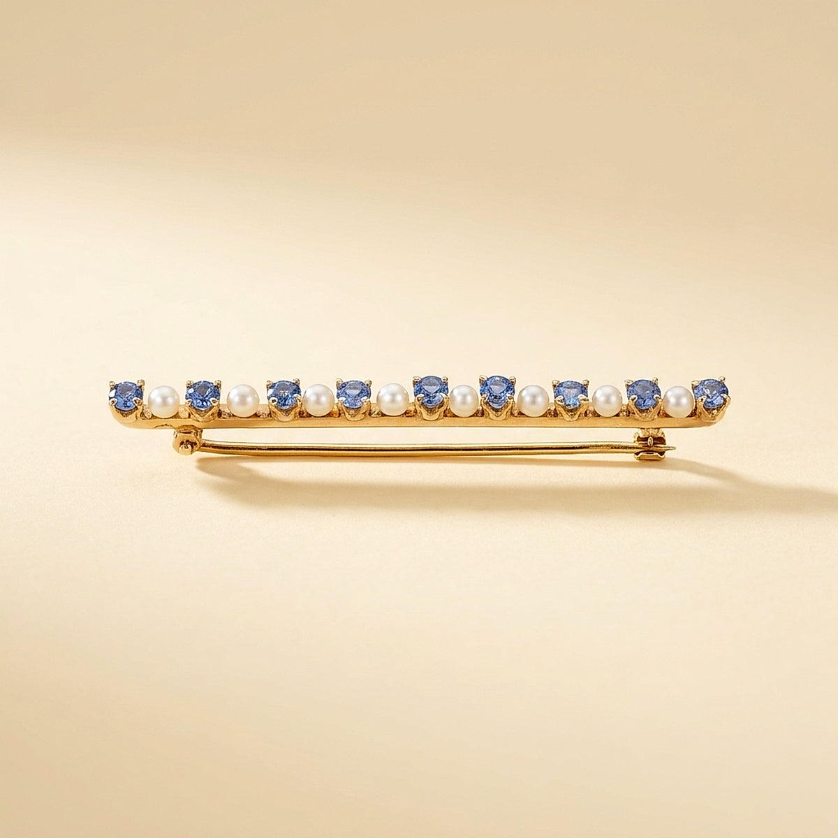 14K Yellow Gold Sapphire and Seed Pearl Bar Pin
