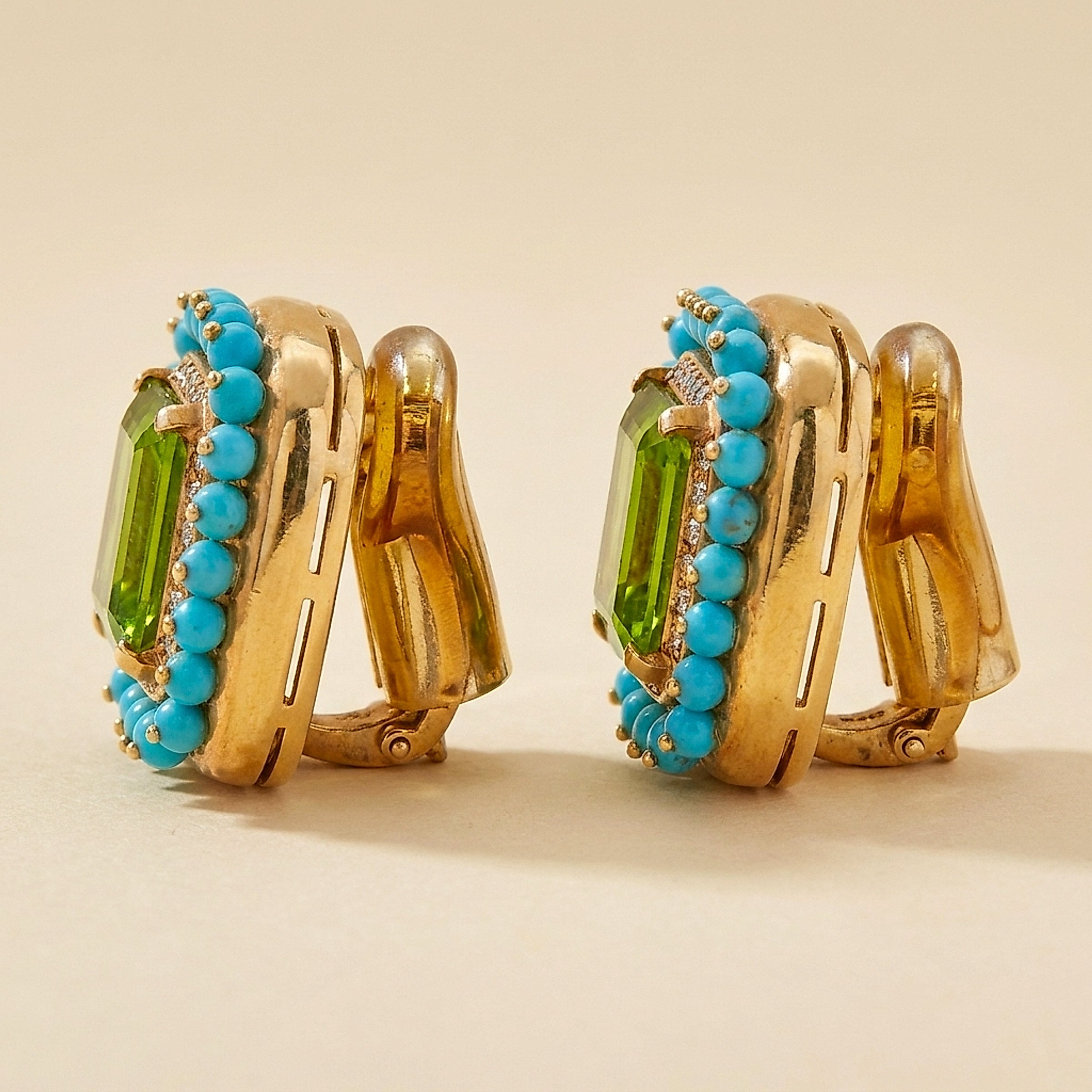 18K Yellow Gold Diamond, Turquoise & Peridot Earclips