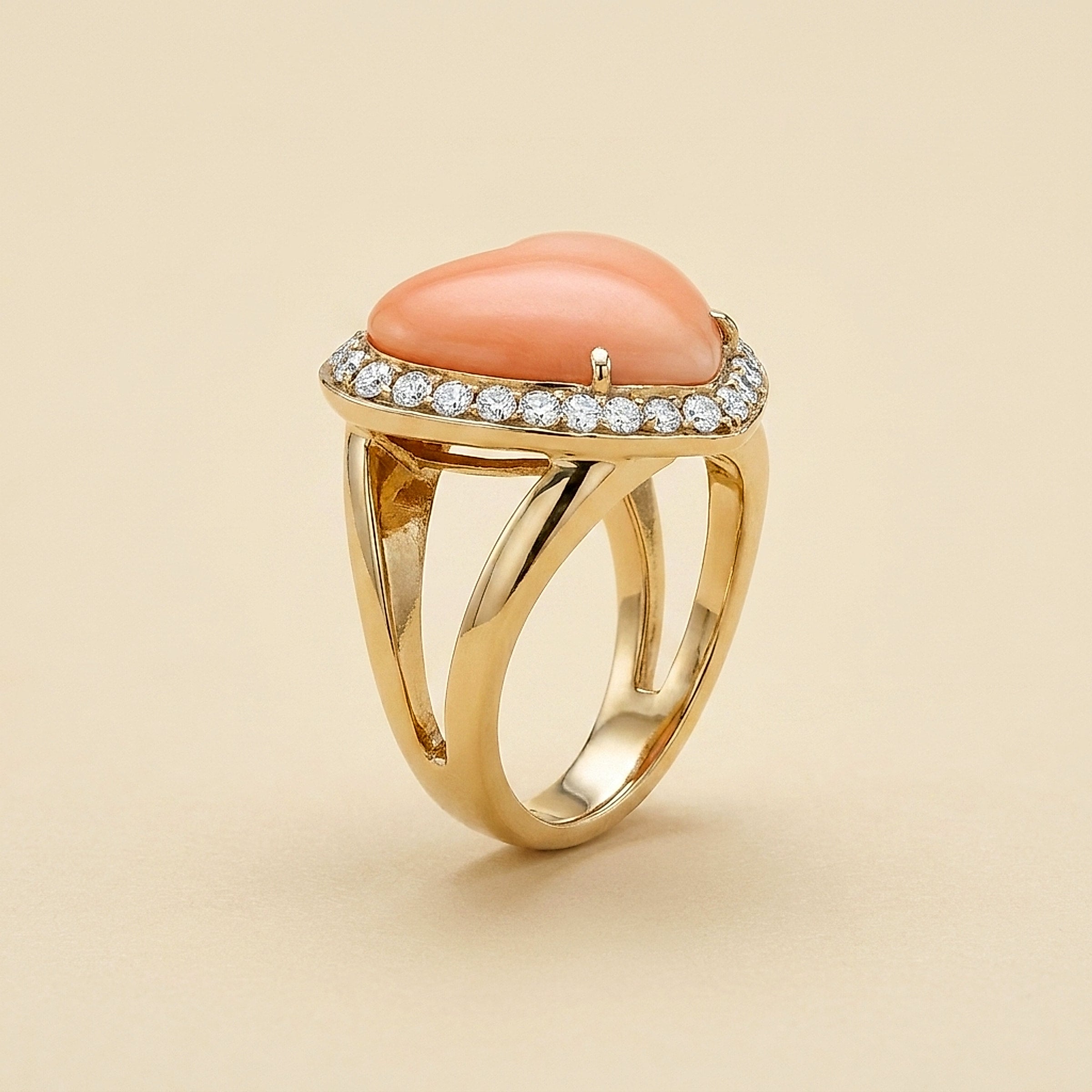 18K White Gold Pink Coral Heart and Diamond Cocktail Ring