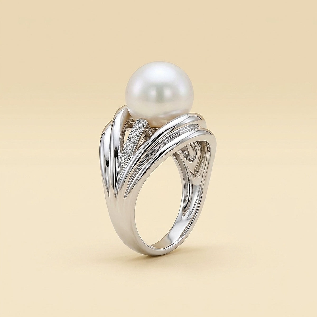 Asba 14K White Gold South Sea Pearl and Diamond Cocktail Ring