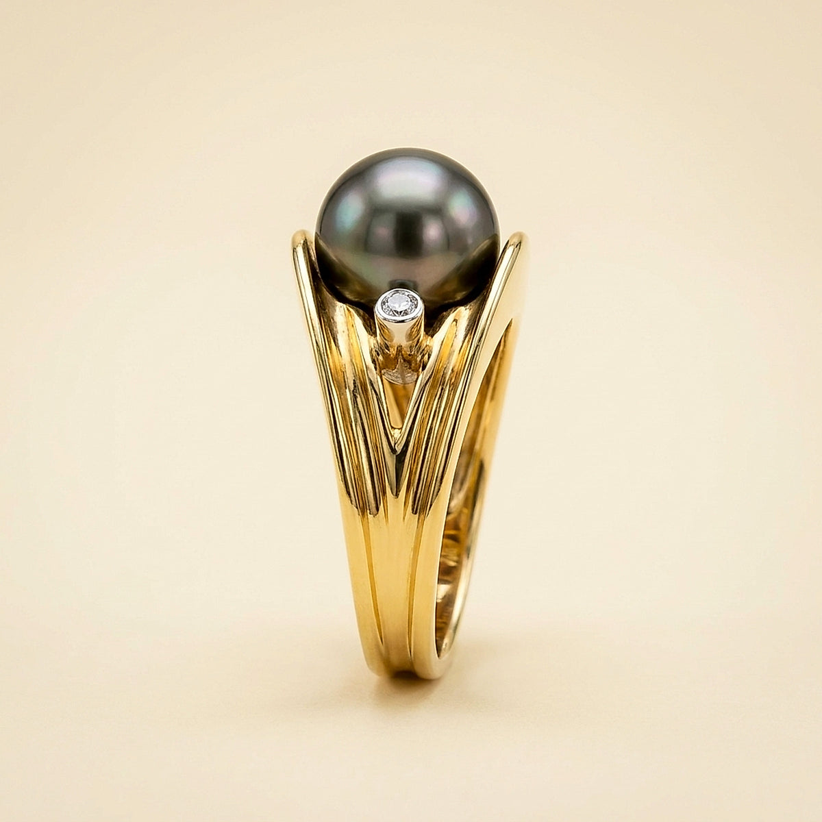 18K Yellow Gold Tahitian Pearl and Diamond Cocktail Ring