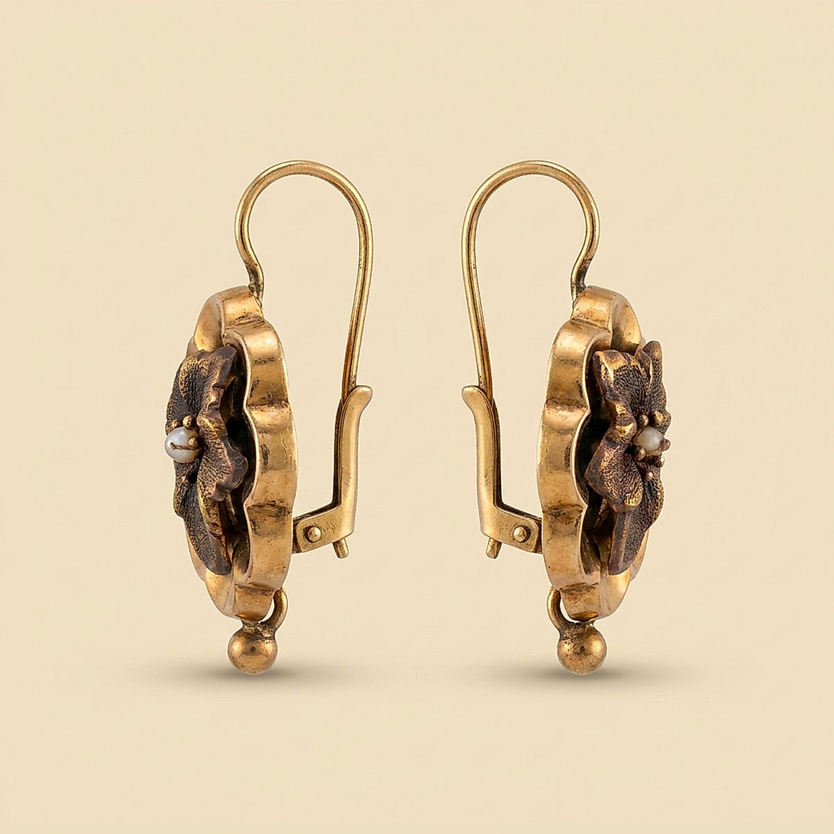 Victorian 15K Rose Gold Seed Pearl Floral Earrings