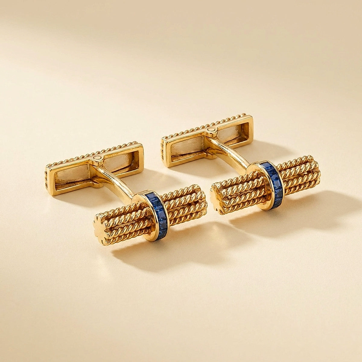 French Mid-Century 18K Yellow Gold and Sapphire Cuff Links
