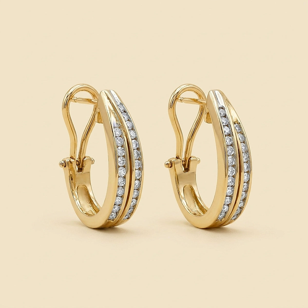 14K Yellow Gold Double Row Diamond J-Hoop Earrings