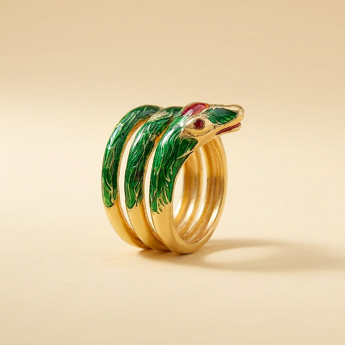 18K Yellow Gold Snake Ring with Green Enamel and Rubies