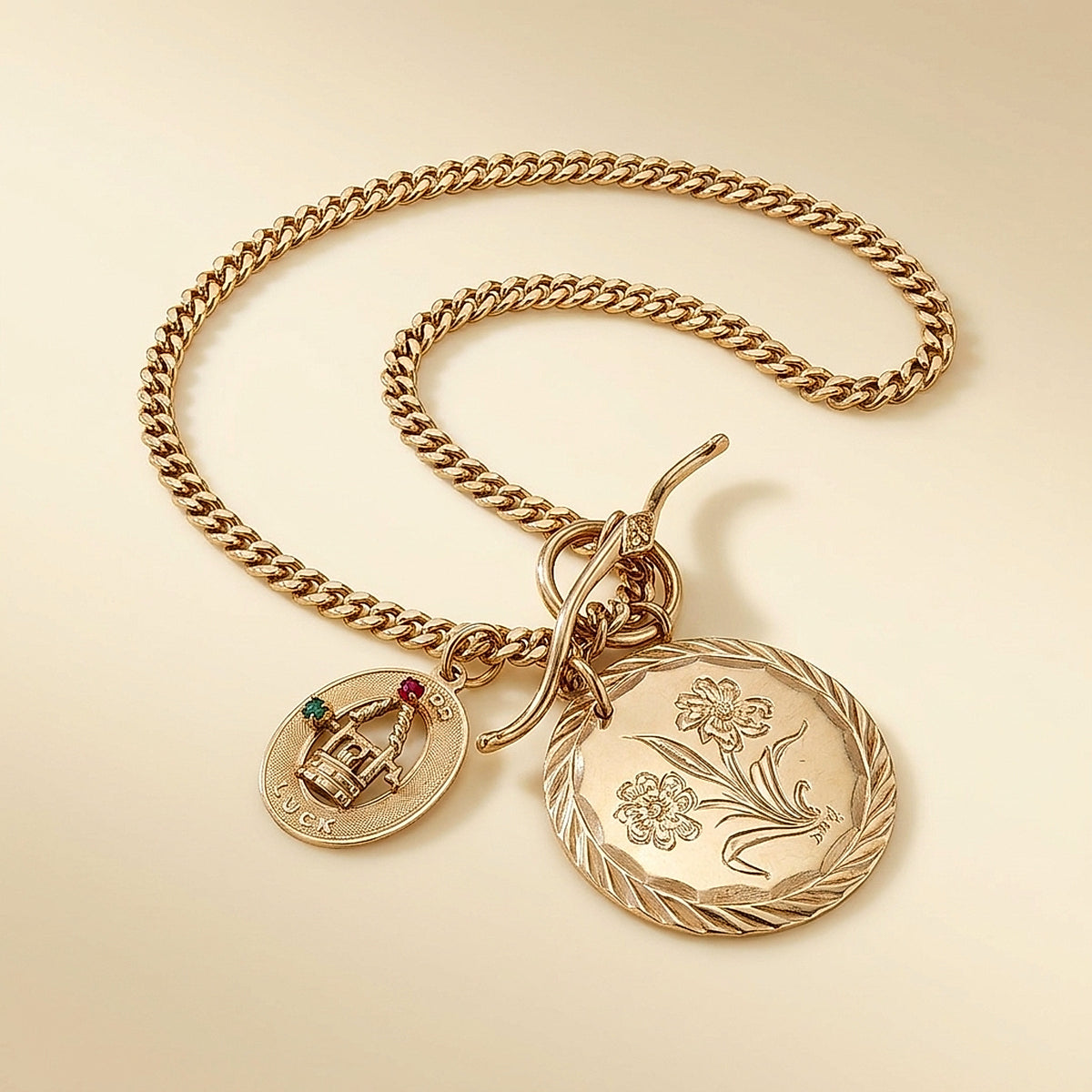 14K Yellow Gold Turn of the Century Watch Fob Chain with Charms
