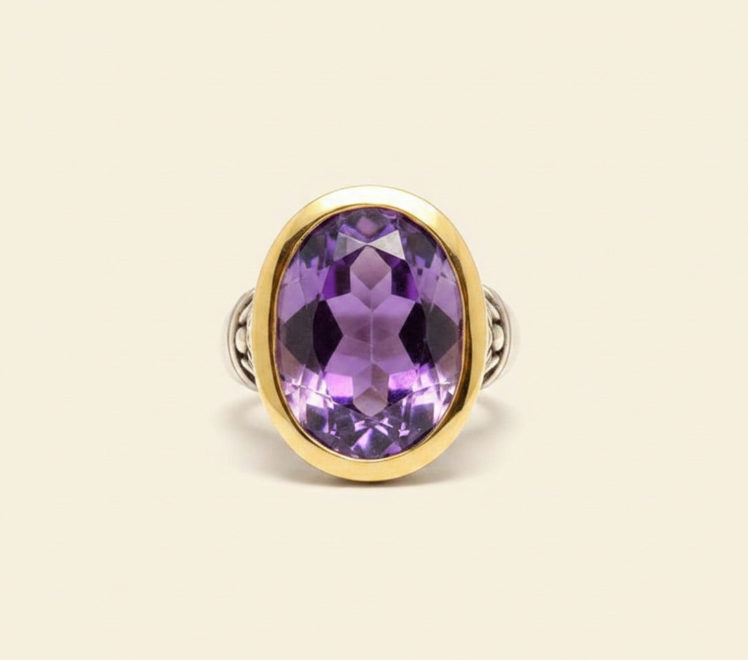 Sterling Silver/Yellow Gold Amethyst Scroll Ring – Empire Diamond – view 2