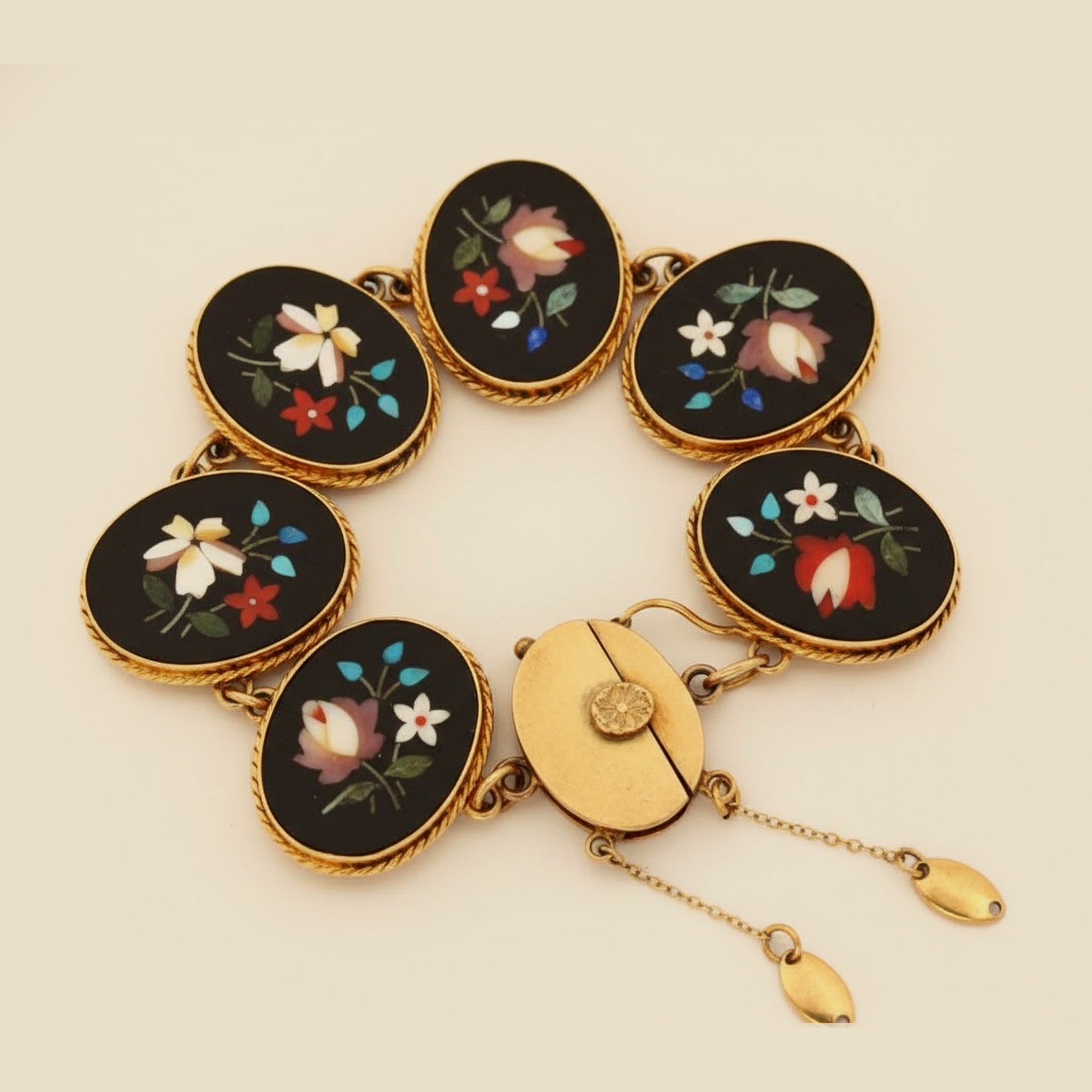 Victorian 14k Yellow Gold Pietra Dura Flower Motif Bracelet