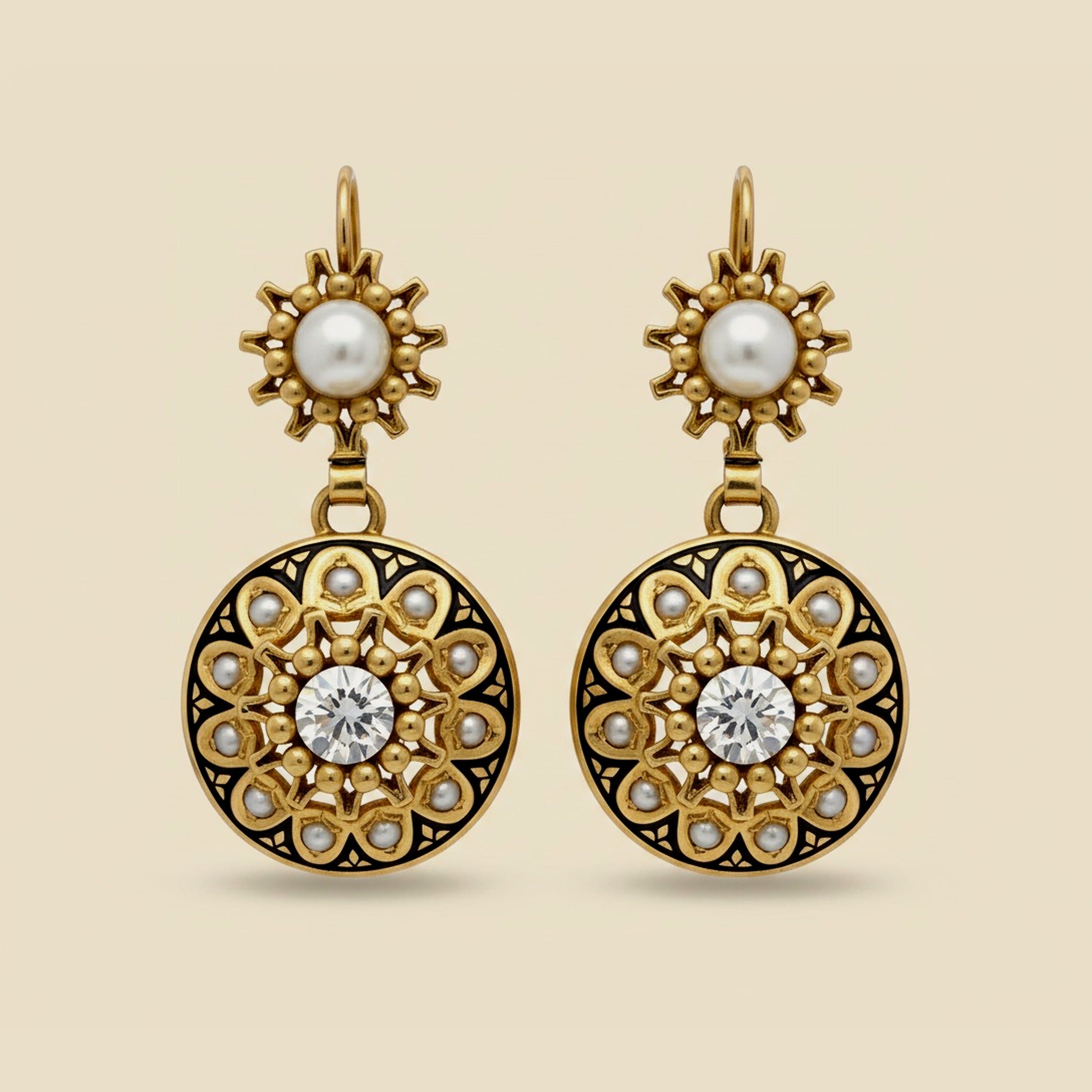 Vintage 14k Yellow Gold Enamel, Pearl, and Diamond Circle Drop