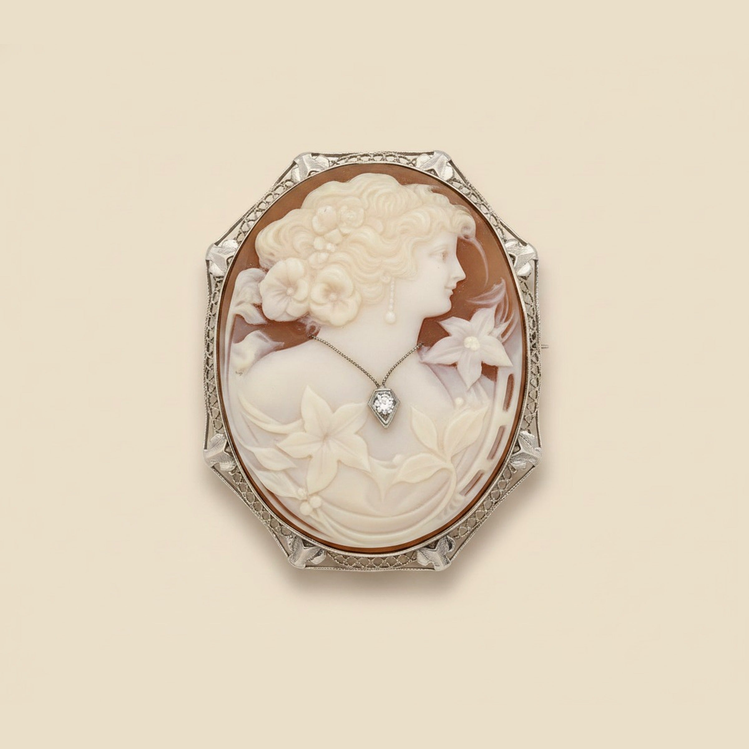 Vintage Large Filigree Shell Cameo Floral & Diamond Necklace/Brooch/Pendant – Empire Diamond