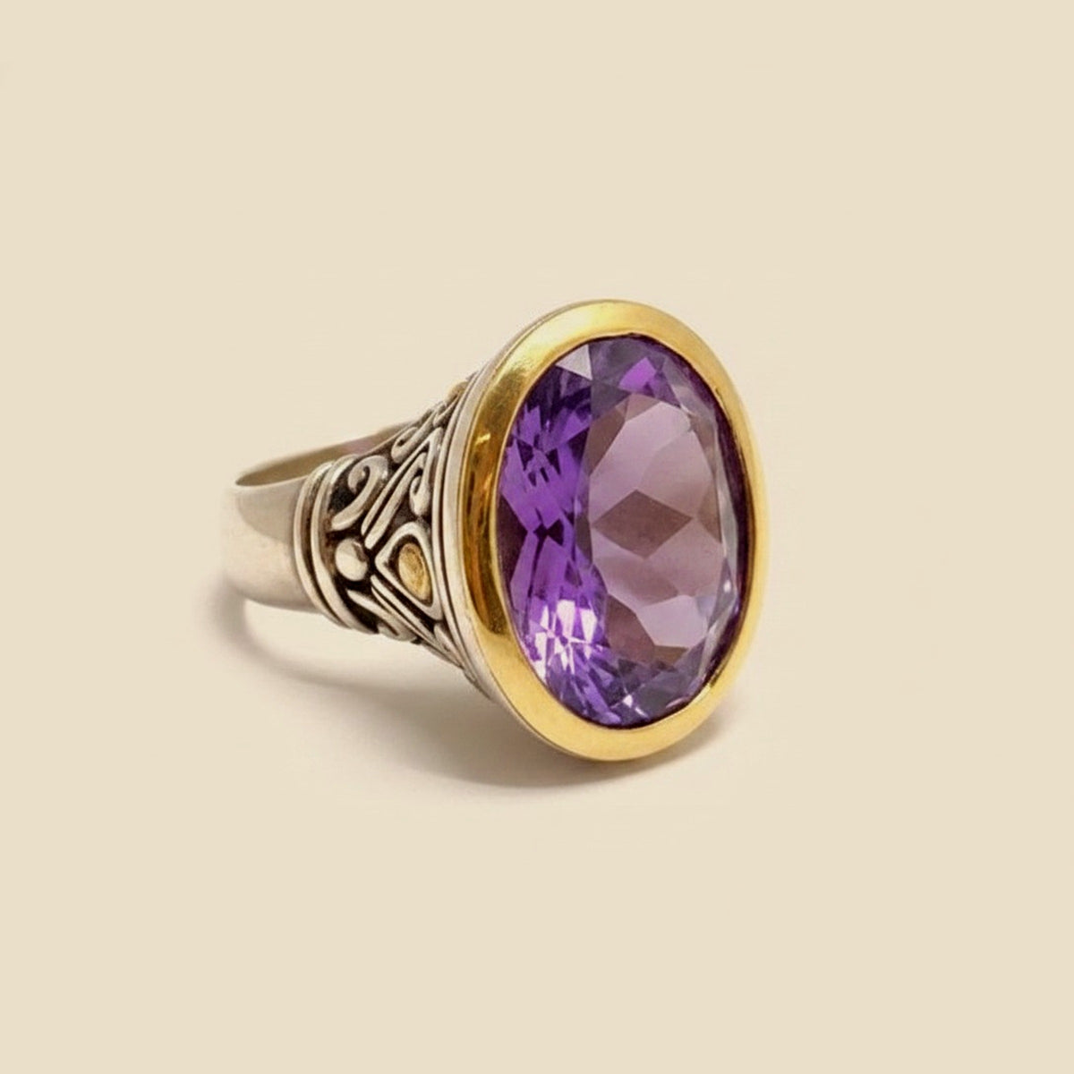 Sterling Silver/Yellow Gold Amethyst Scroll Ring