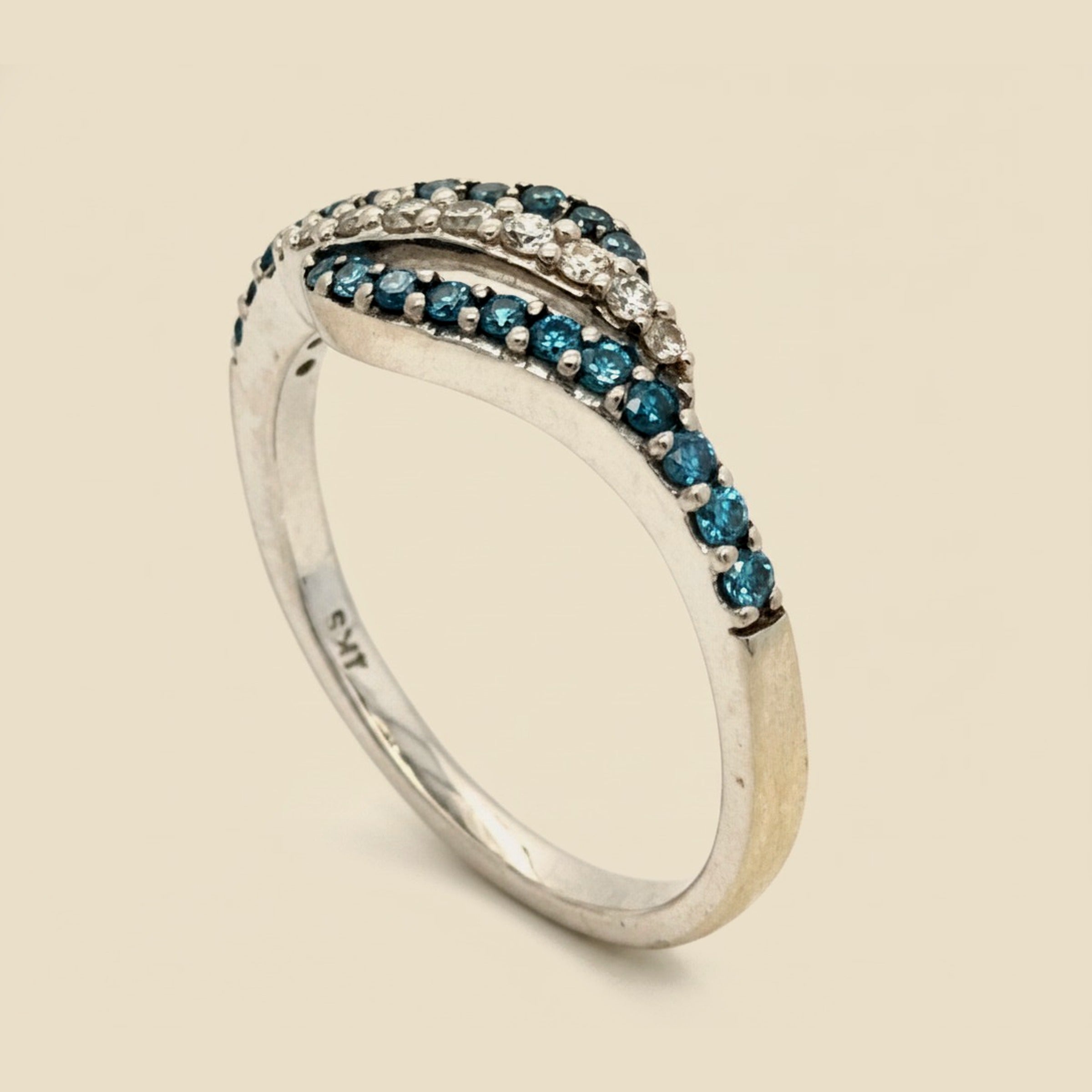 White Gold 10k White/Blue Diamond Three Row Ring