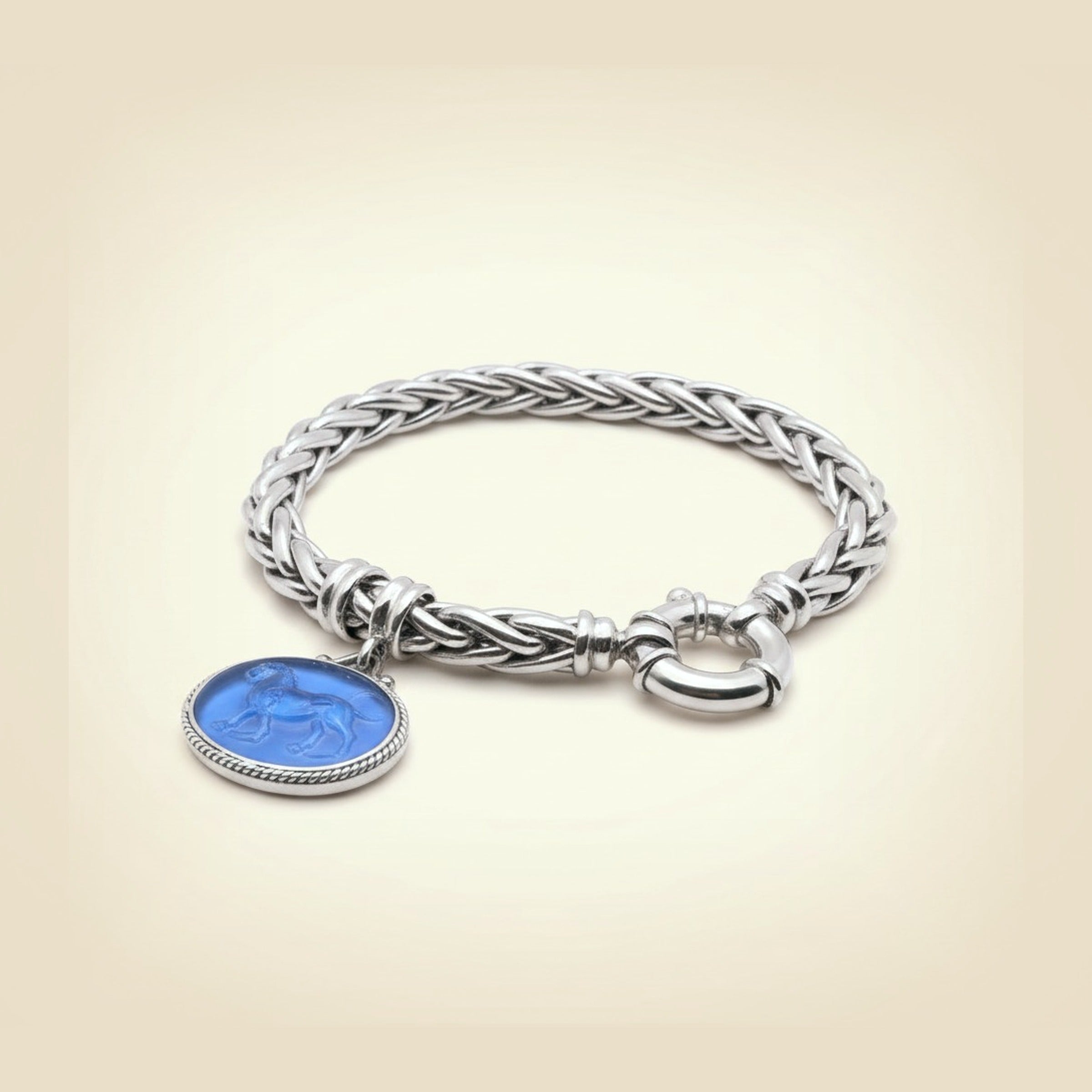 White Gold Basket-Weave Bracelet with Light Blue Intaglio Charm – Empire Diamond