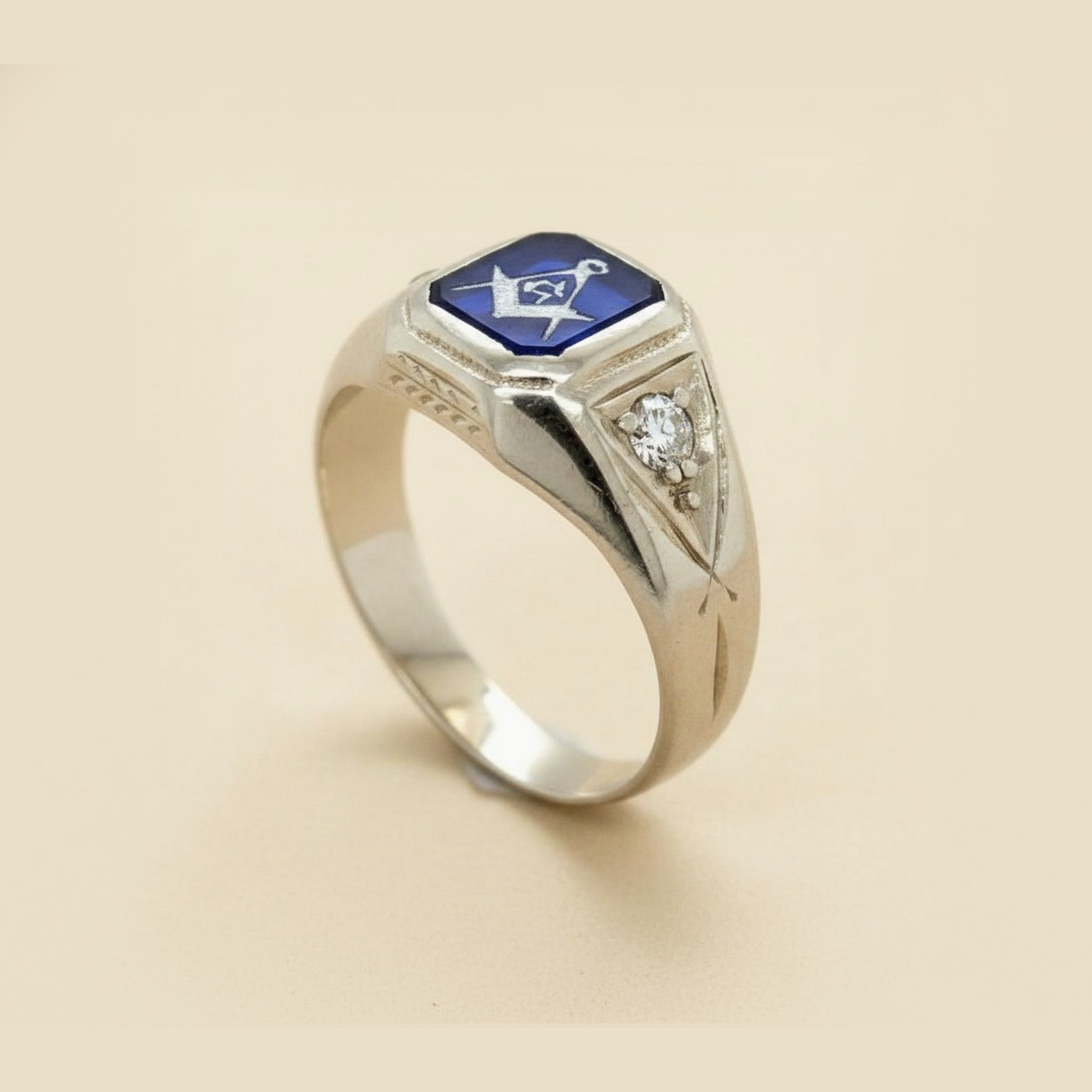 White Gold Blue Lodge Mason's Ring
