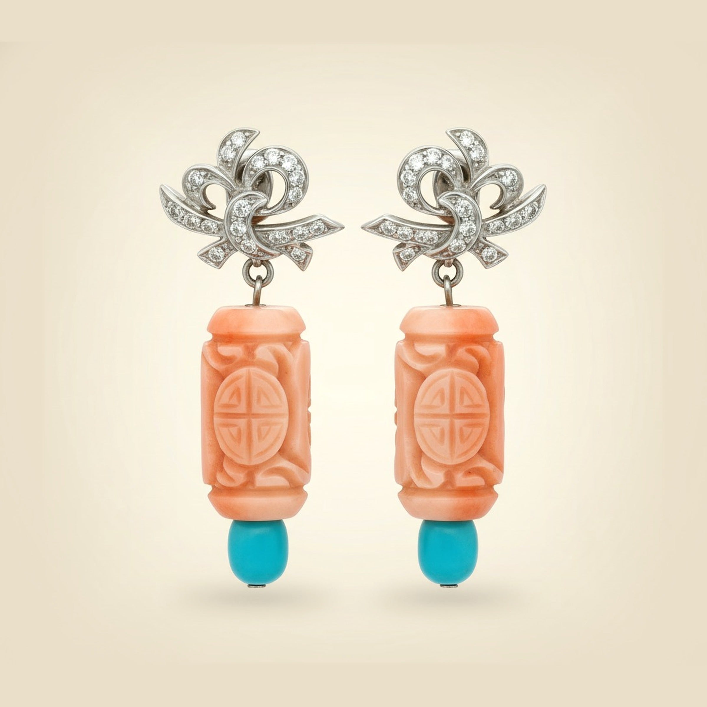 White Gold Diamond, Coral, and Turquoise bead dangling earrings