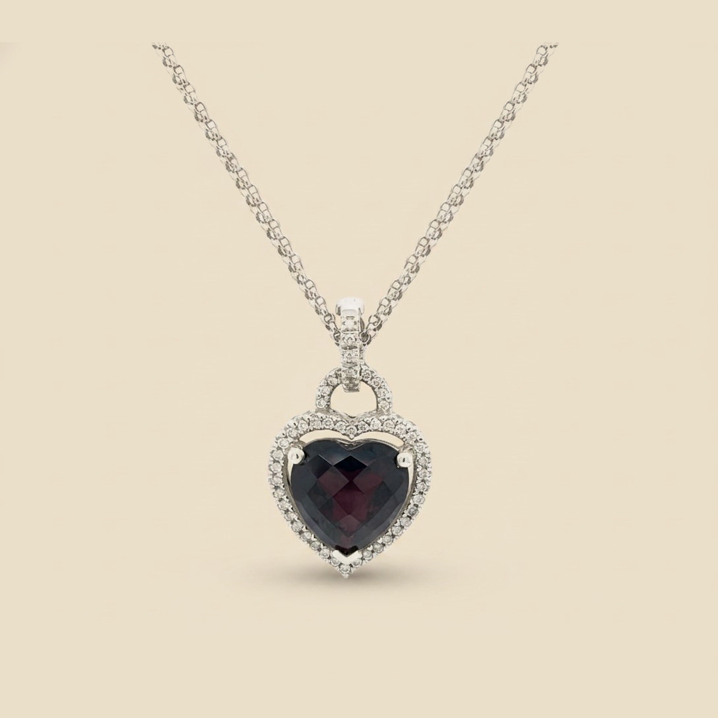 White Gold Garnet Heart/Diam. Necklace