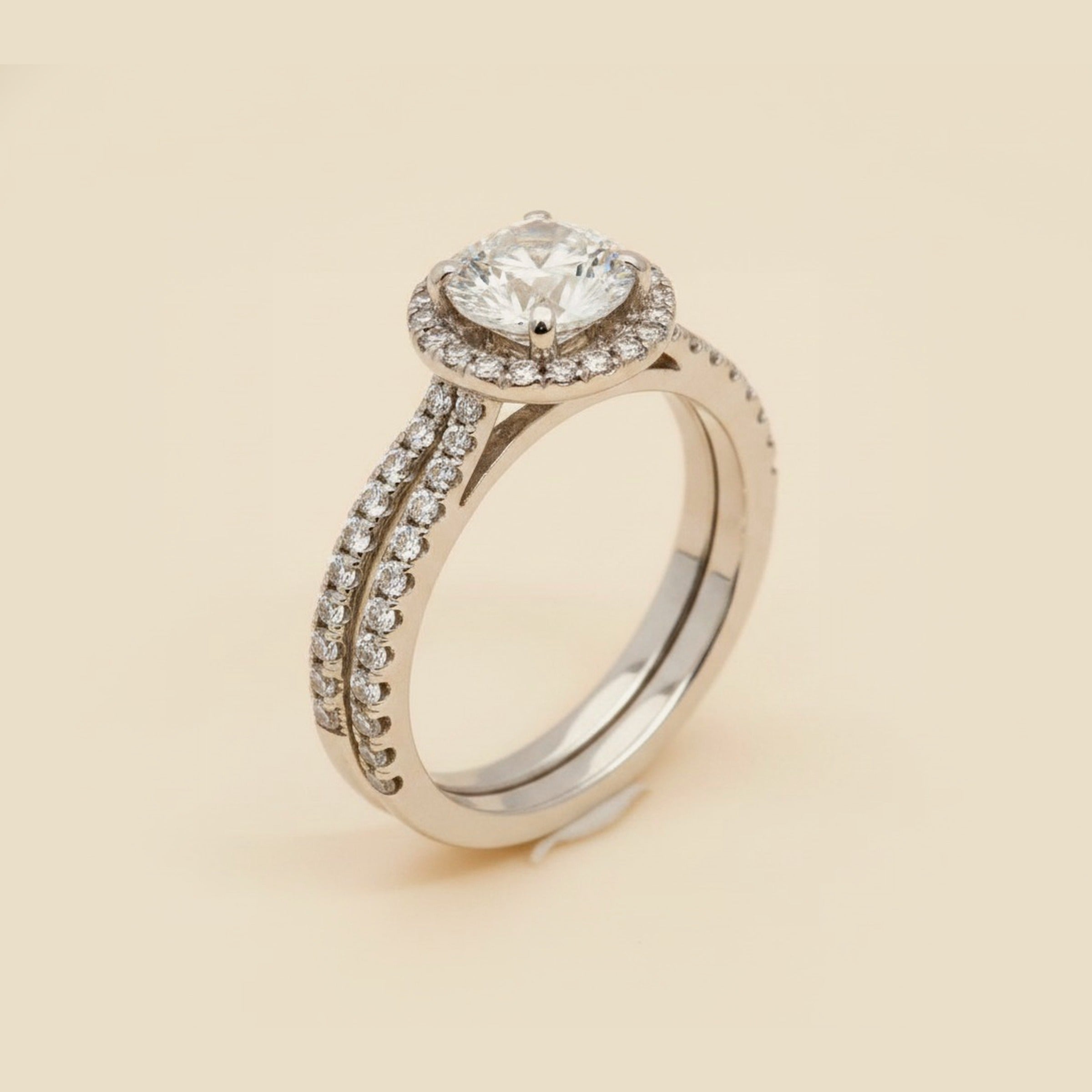 White Gold Micro Pave Halo Diamond Engagement Ring with Matching