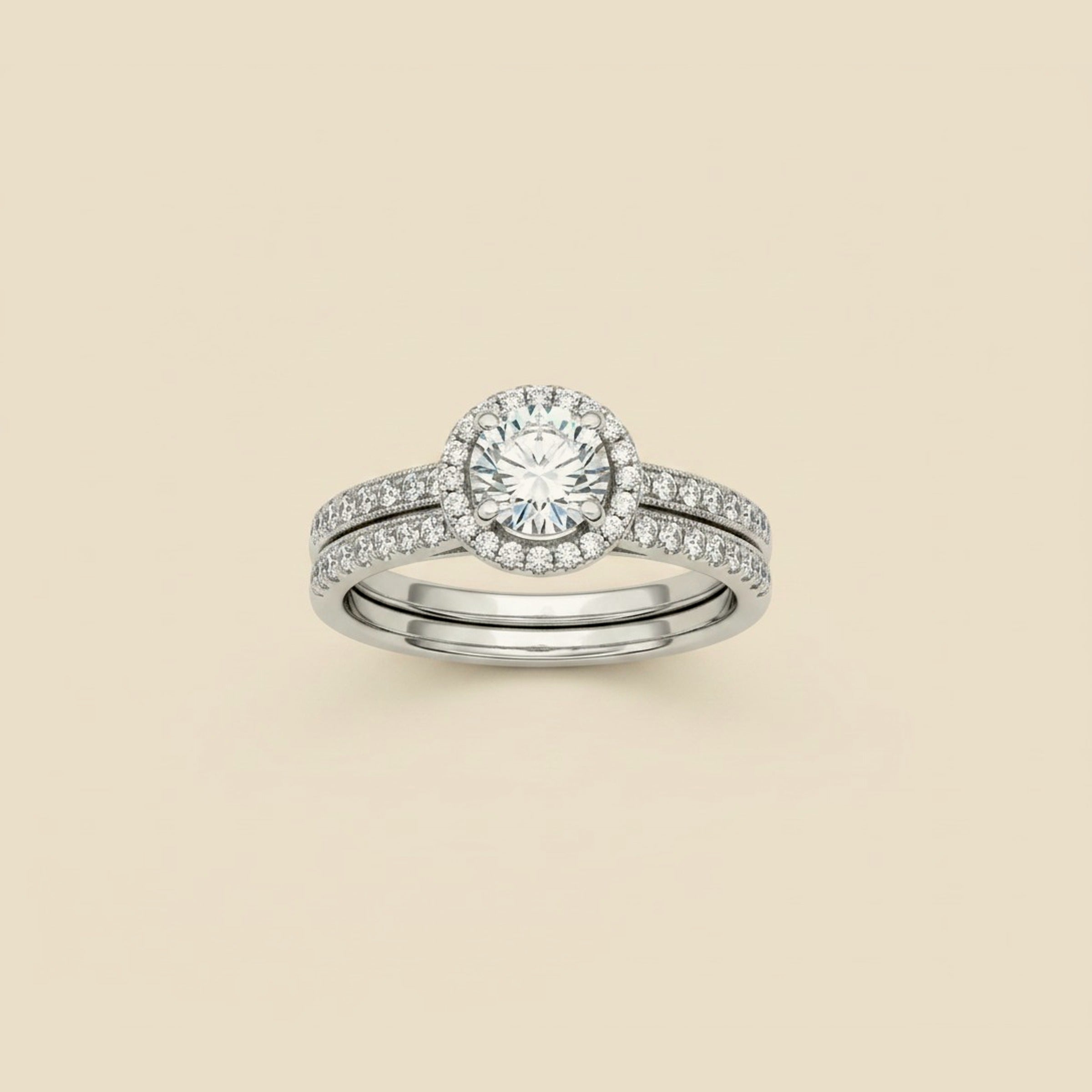White Gold Micro Pave Halo Diamond Engagement Ring with Matching