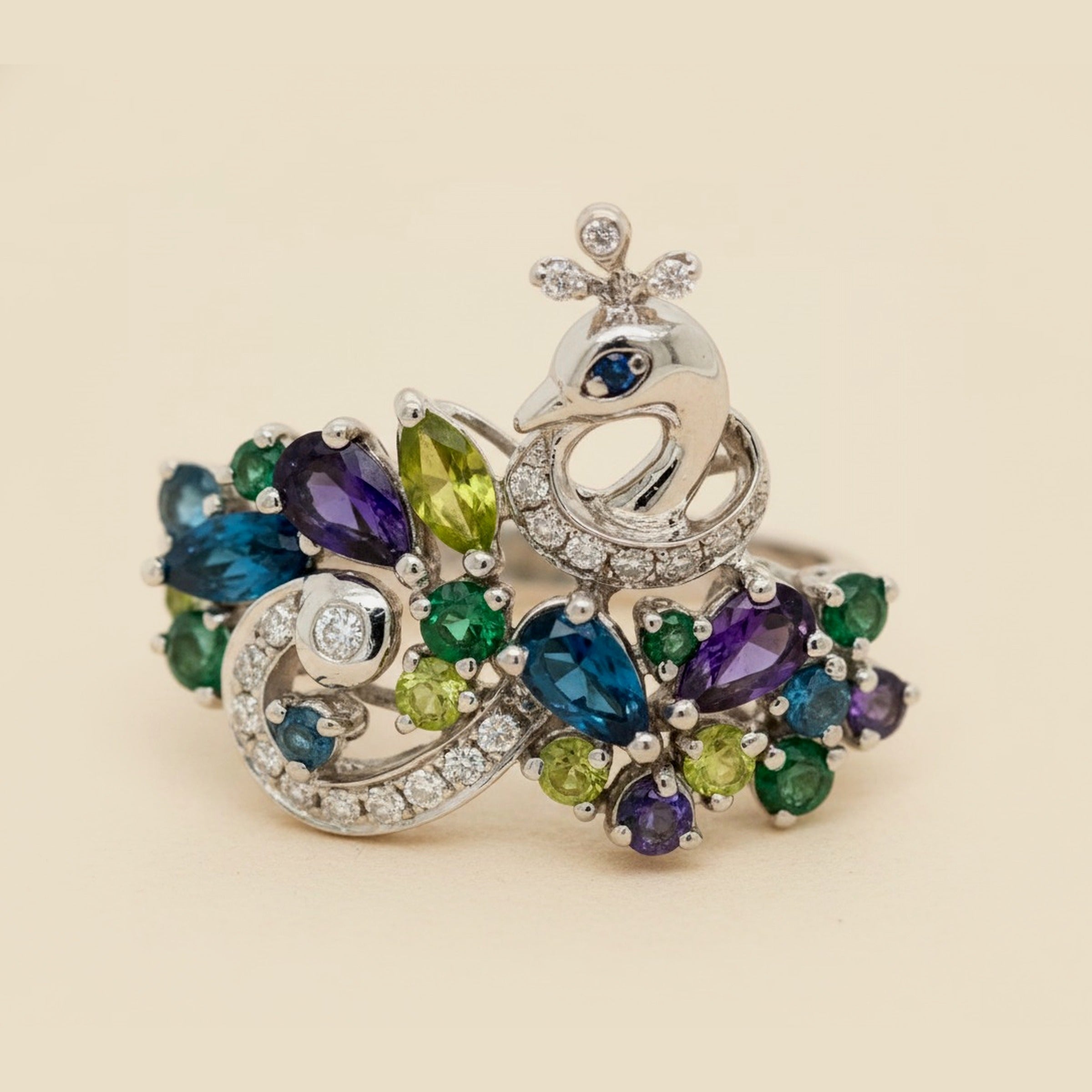 White Gold Multi Color Gemstone & Diamond Peacock Ring