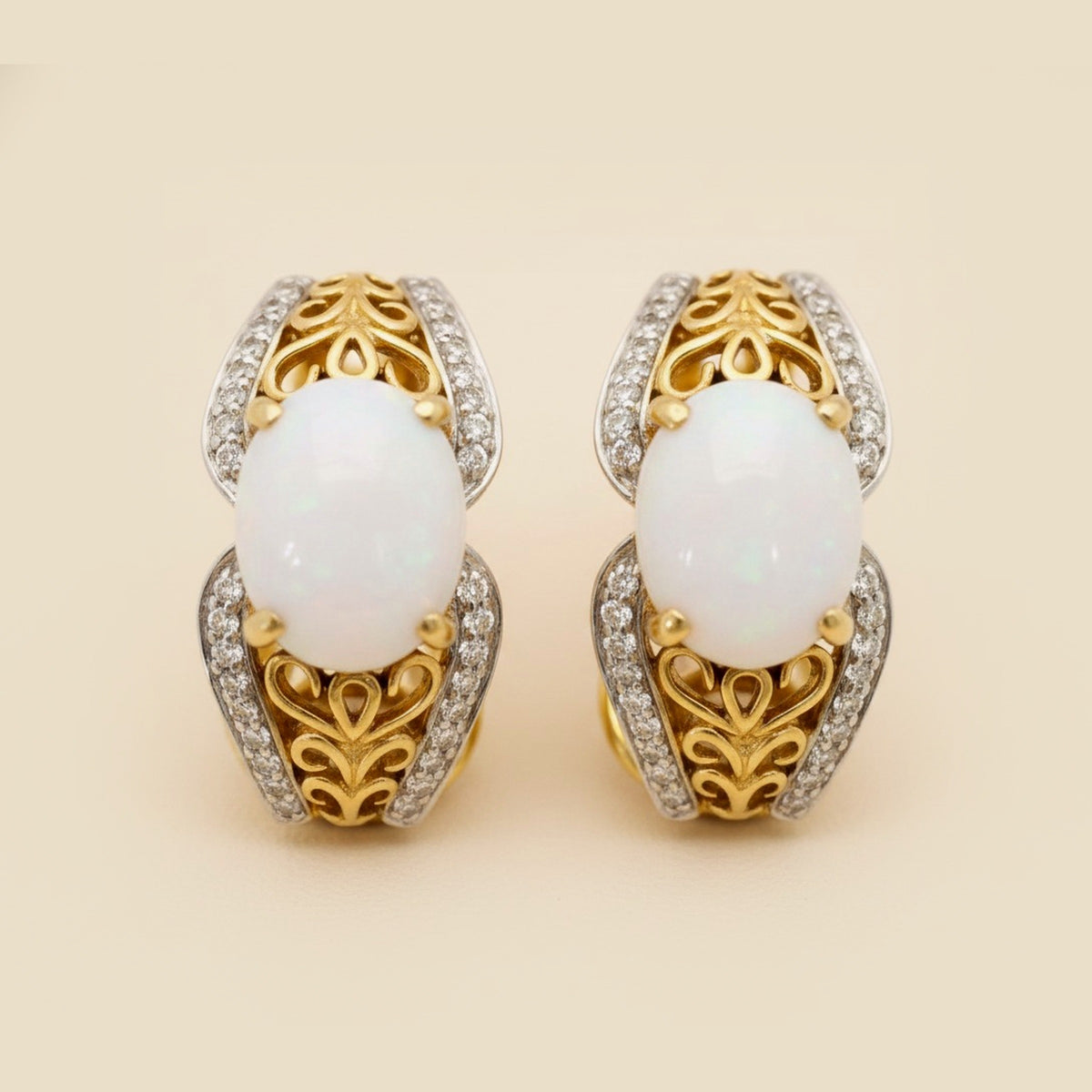 Yellow Gold Opal and Diamond "J" Hoop Earrings