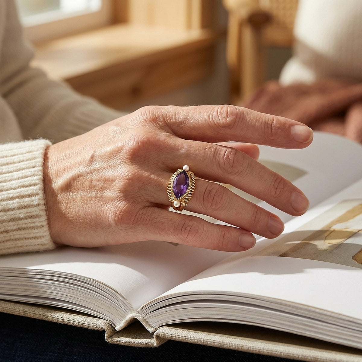 European Yellow Gold Amethyst & Seed Pearl Ring