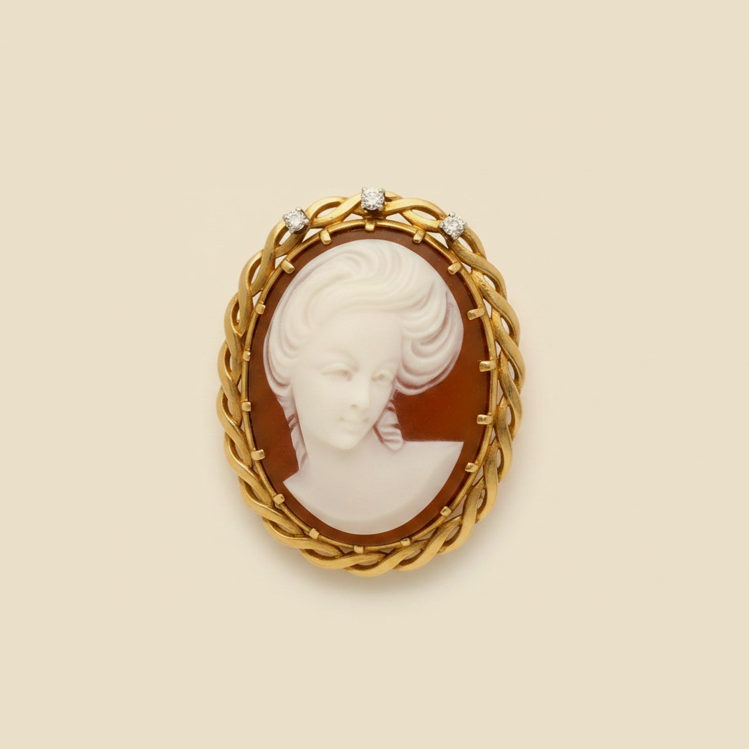 Yellow Gold 14k Carved Stone On Shell Diamond Cameo Pin