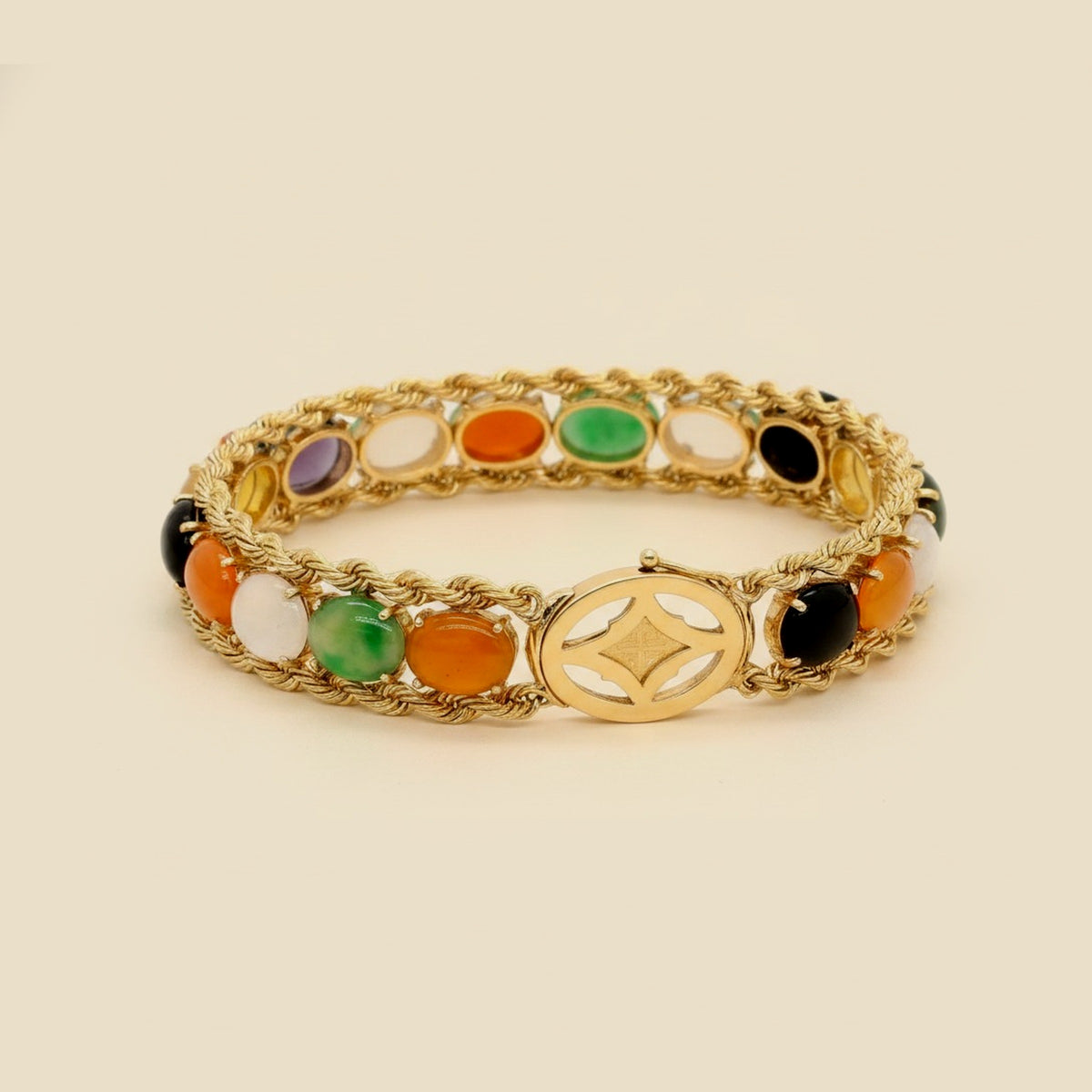 Yellow Gold 14k Multi-Colored Jade Bracelet