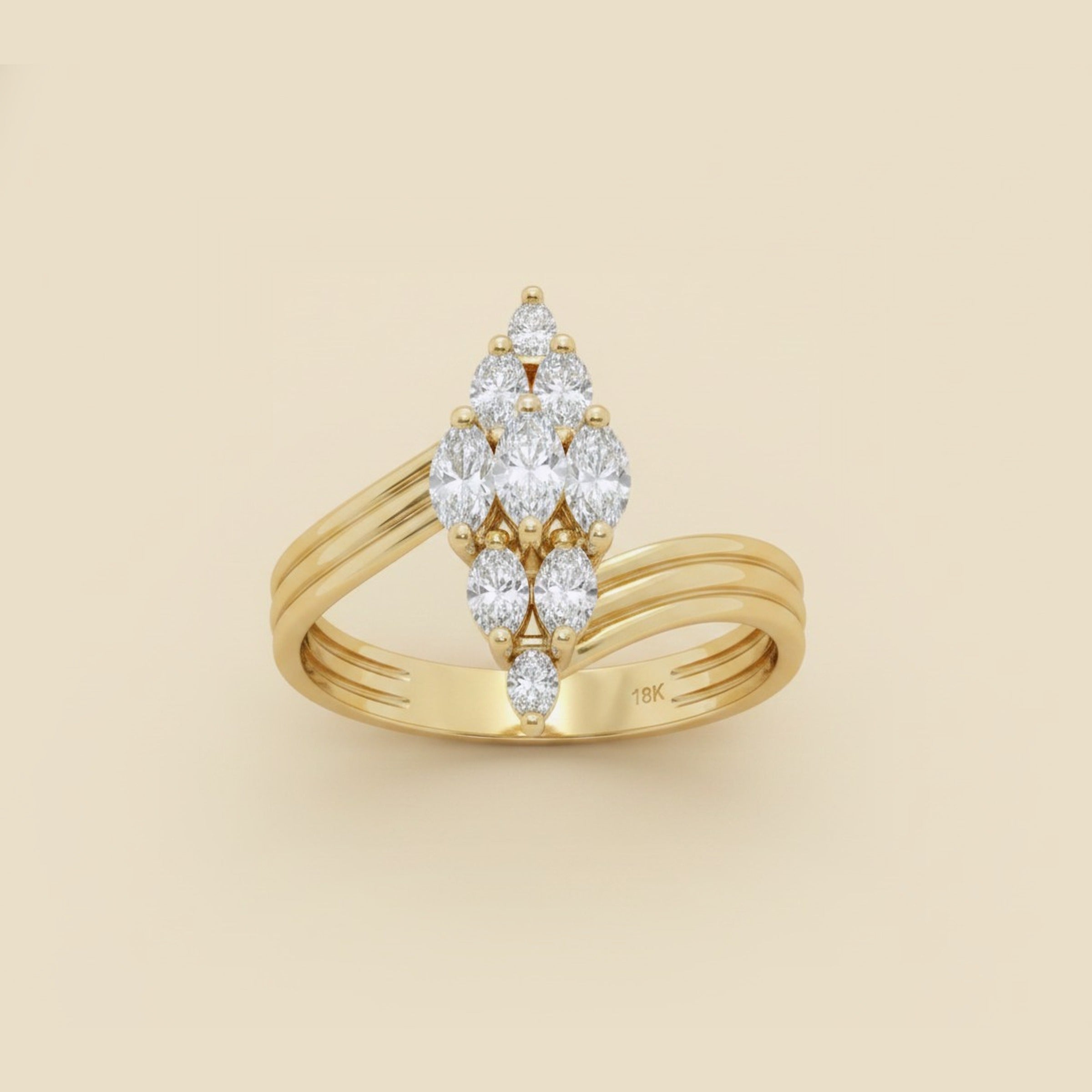 Yellow Gold Asymetrical Diamond Ring with Marquise Stones