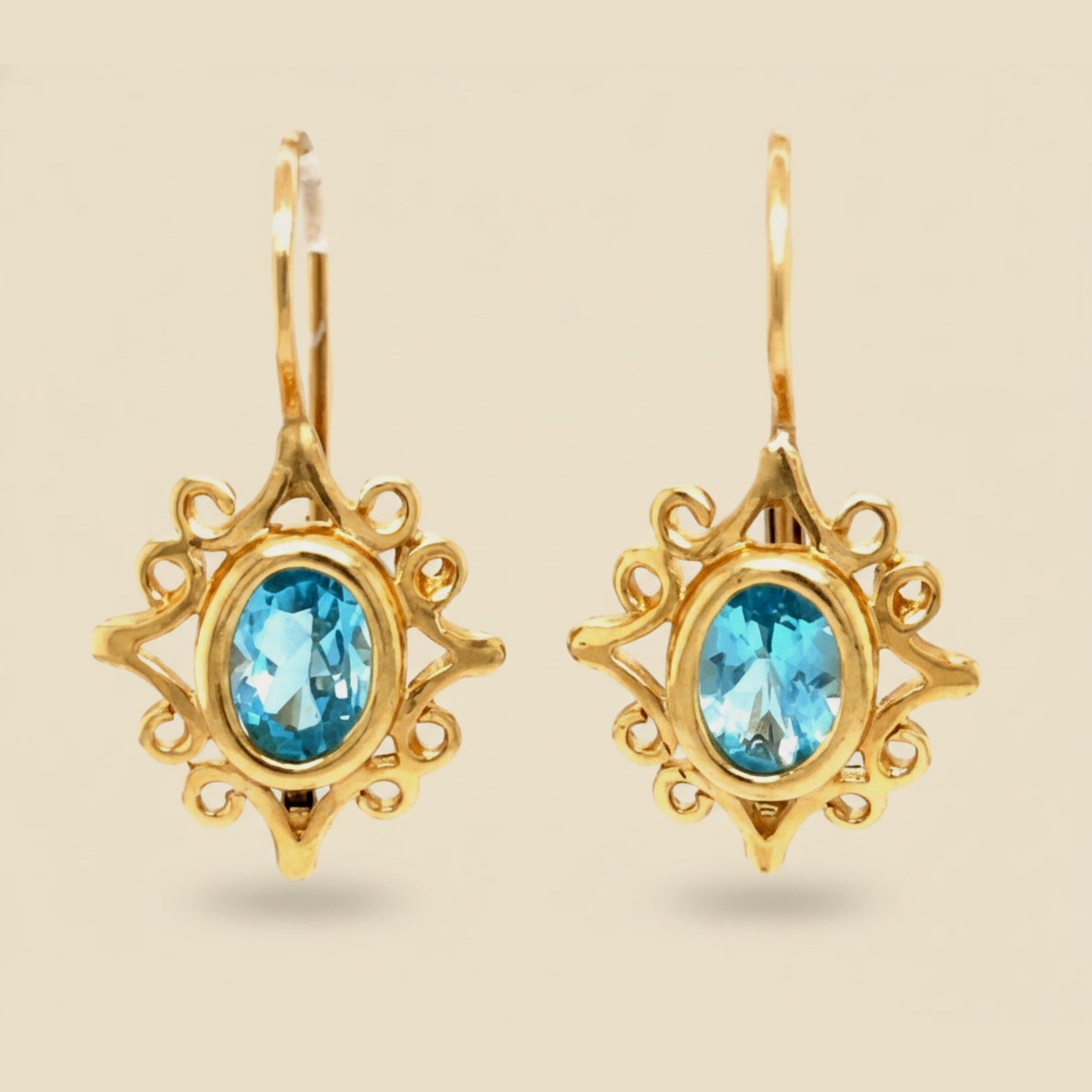 Yellow Gold Blue Topaz Dangling Earrings