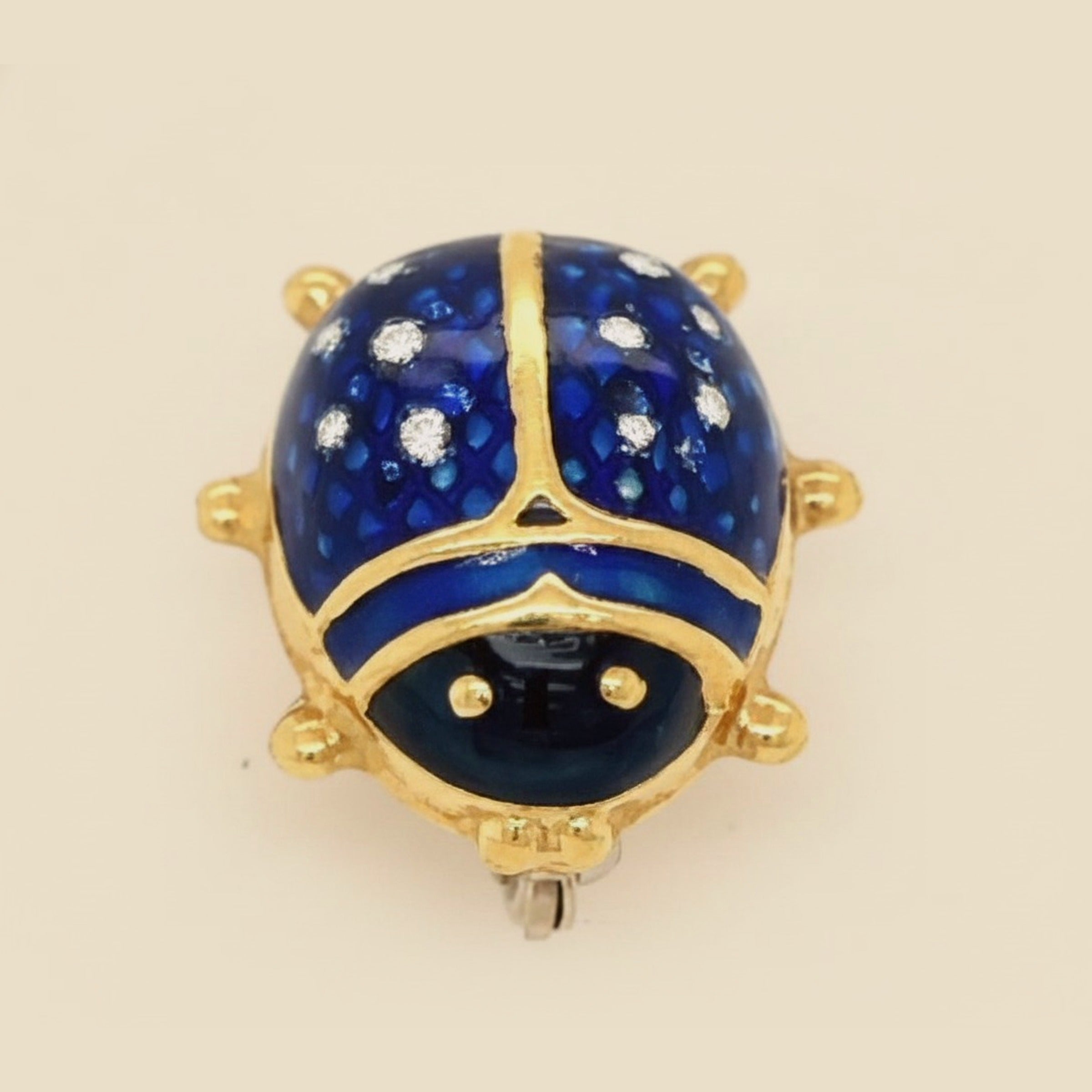 Yellow Gold Blue & White Enamel Beetle Pin