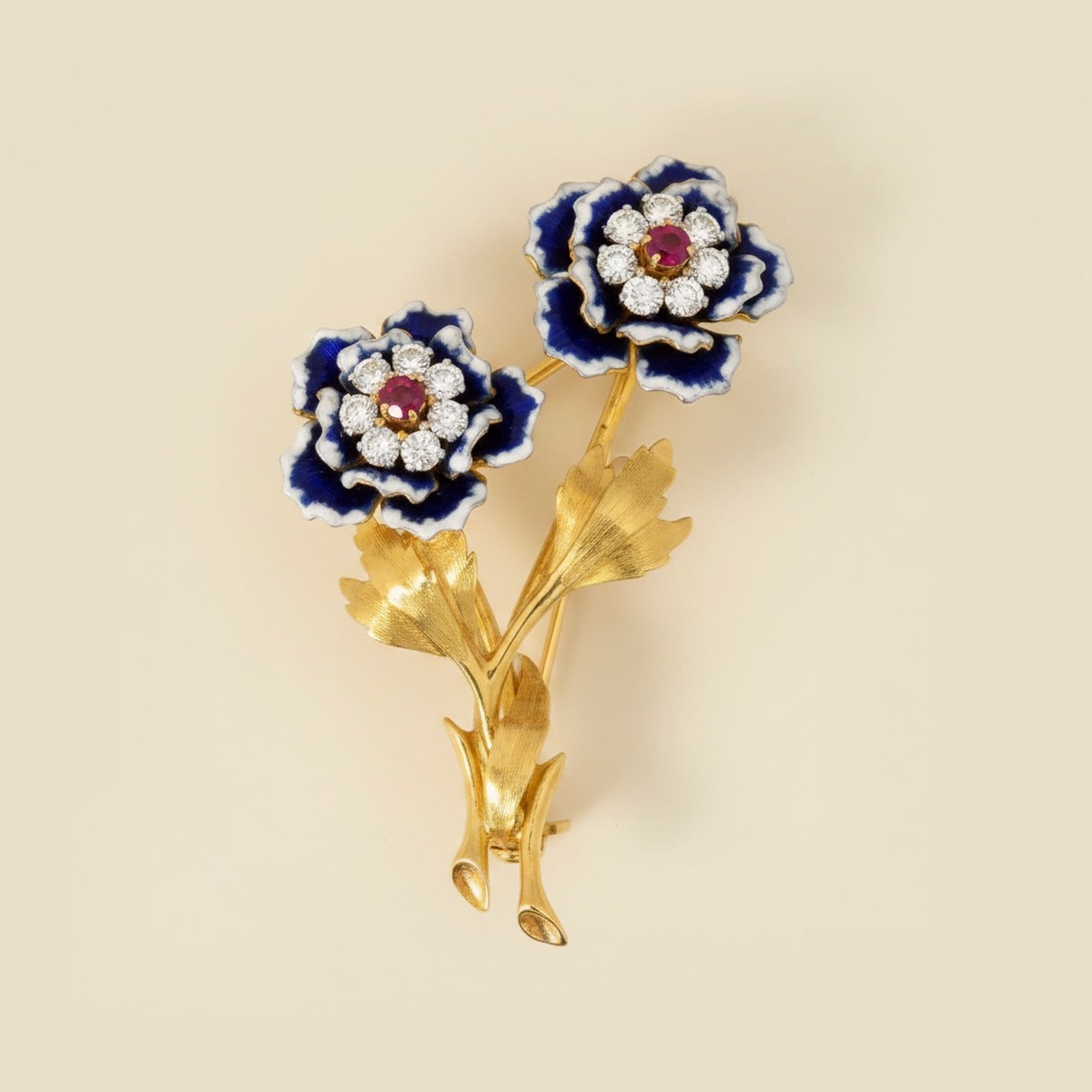 Yellow Gold Blue & White Enamel Ruby Flower Pin – Empire Diamond