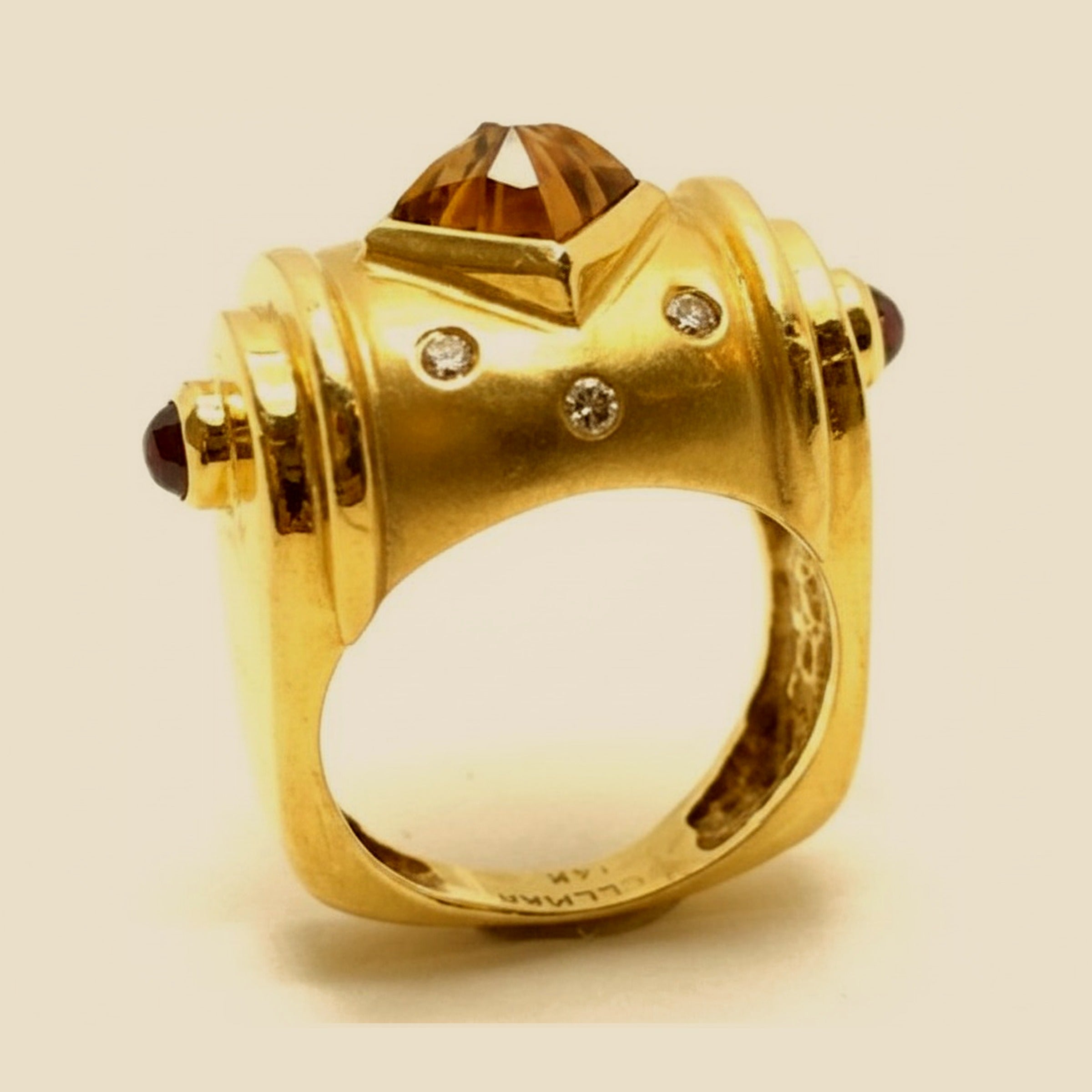 Yellow Gold Carved Citrine, Cabochon Ruby, & Diamond Dinner Ring – Empire Diamond – view 2