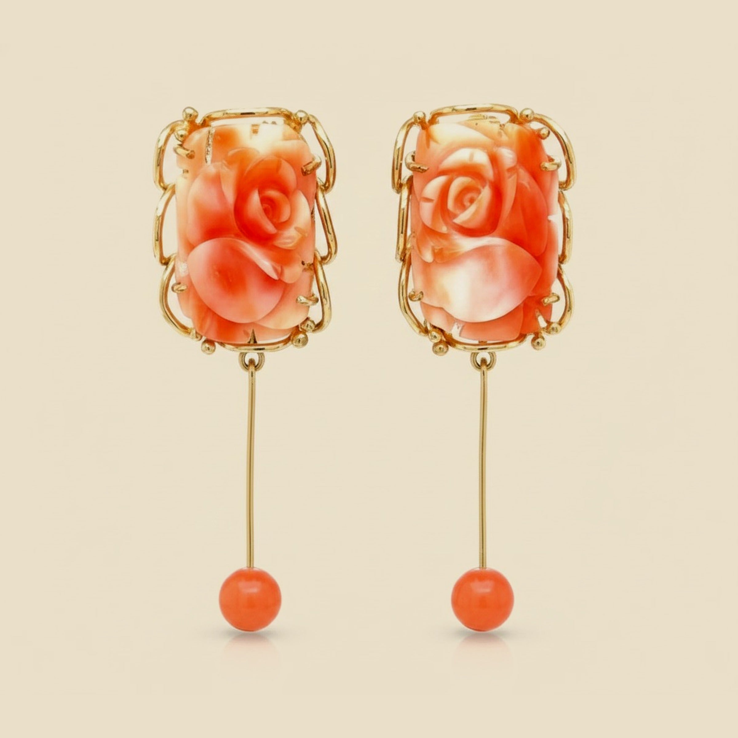 Yellow Gold Carved Rose Angel Skin Coral Hanging Earrings – Empire Diamond