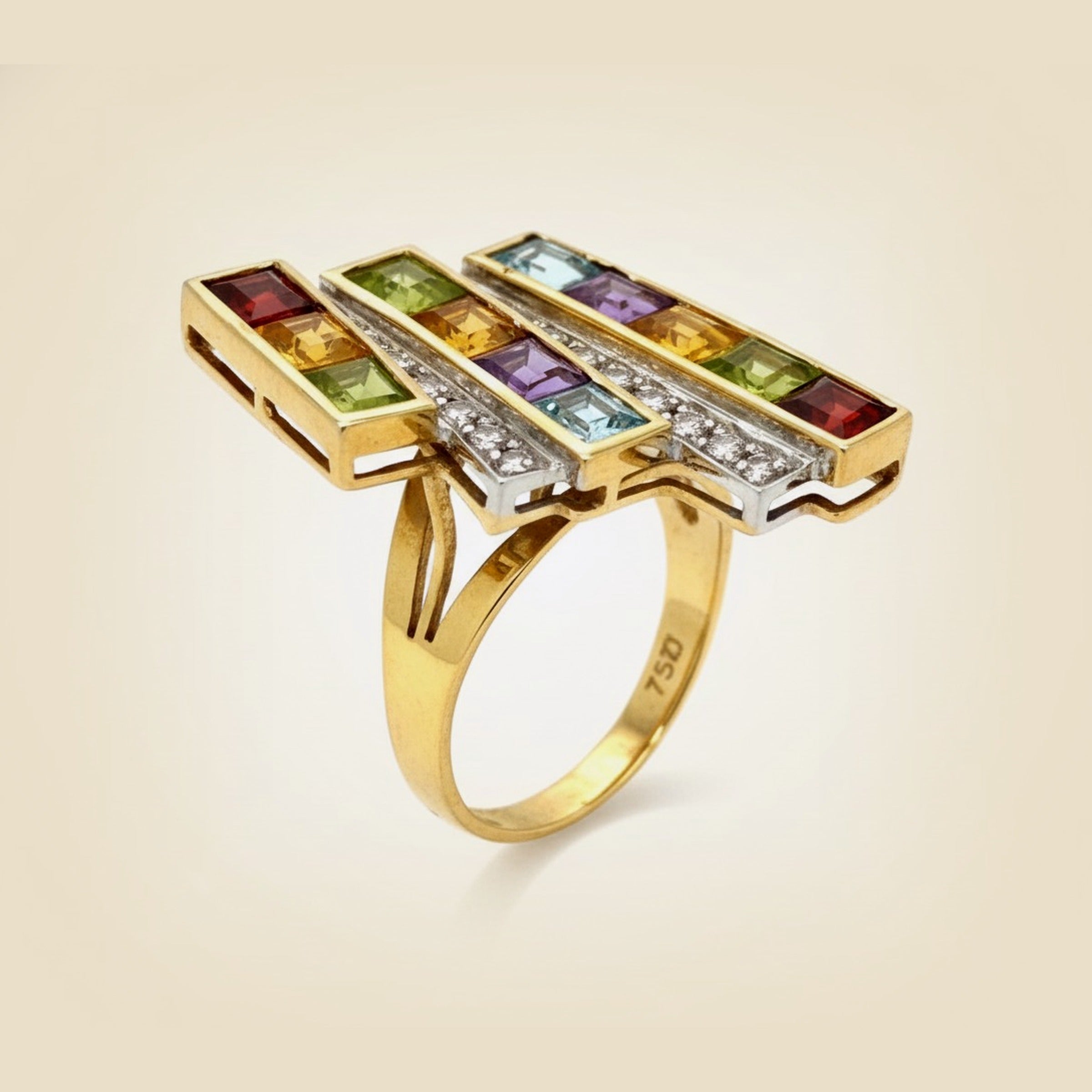 14K Gold Multi-Gemstone & Diamond Channel-Set Ring