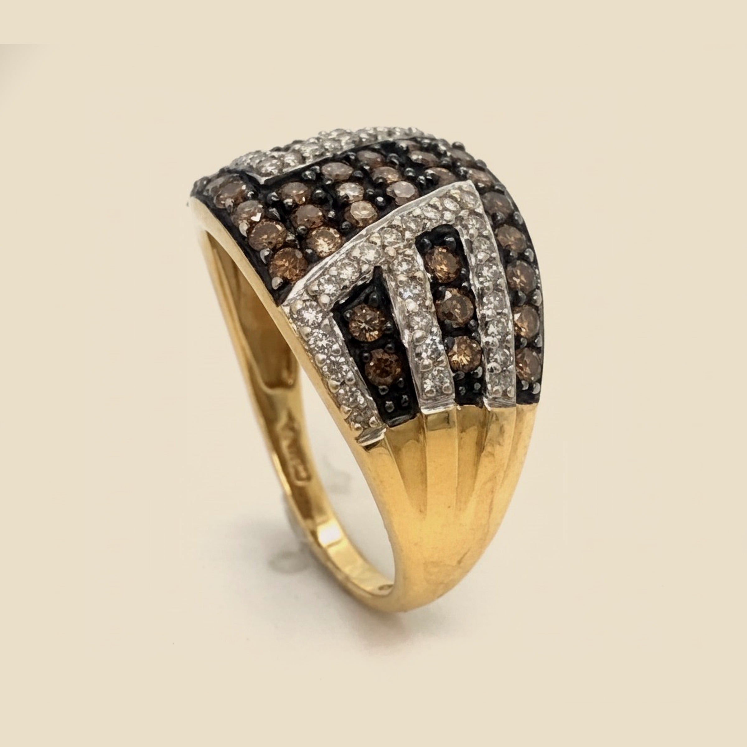 Yellow Gold Chocolate and White Diamond Zig Zag Ring