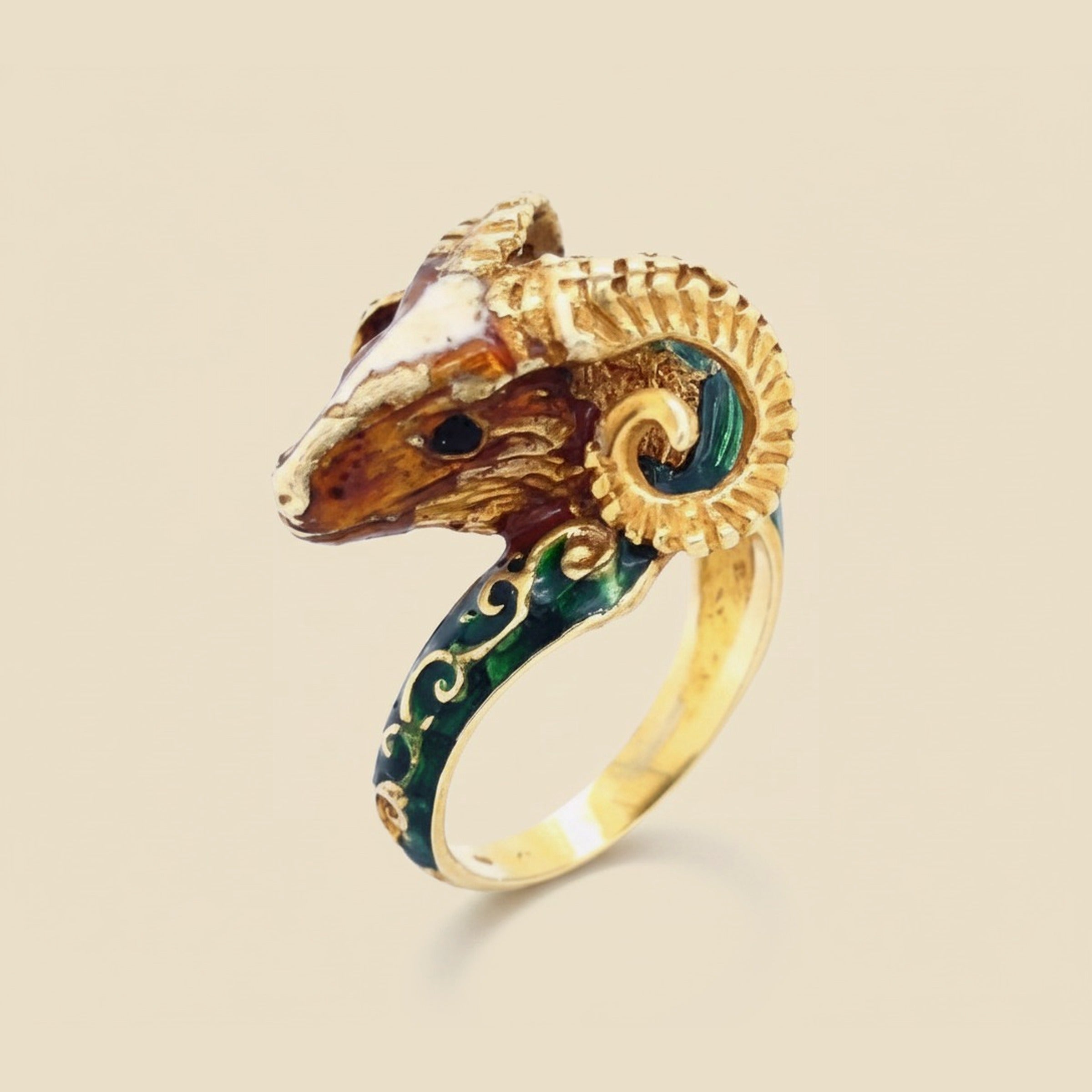 Yellow Gold Enamel Ram's Head Ring