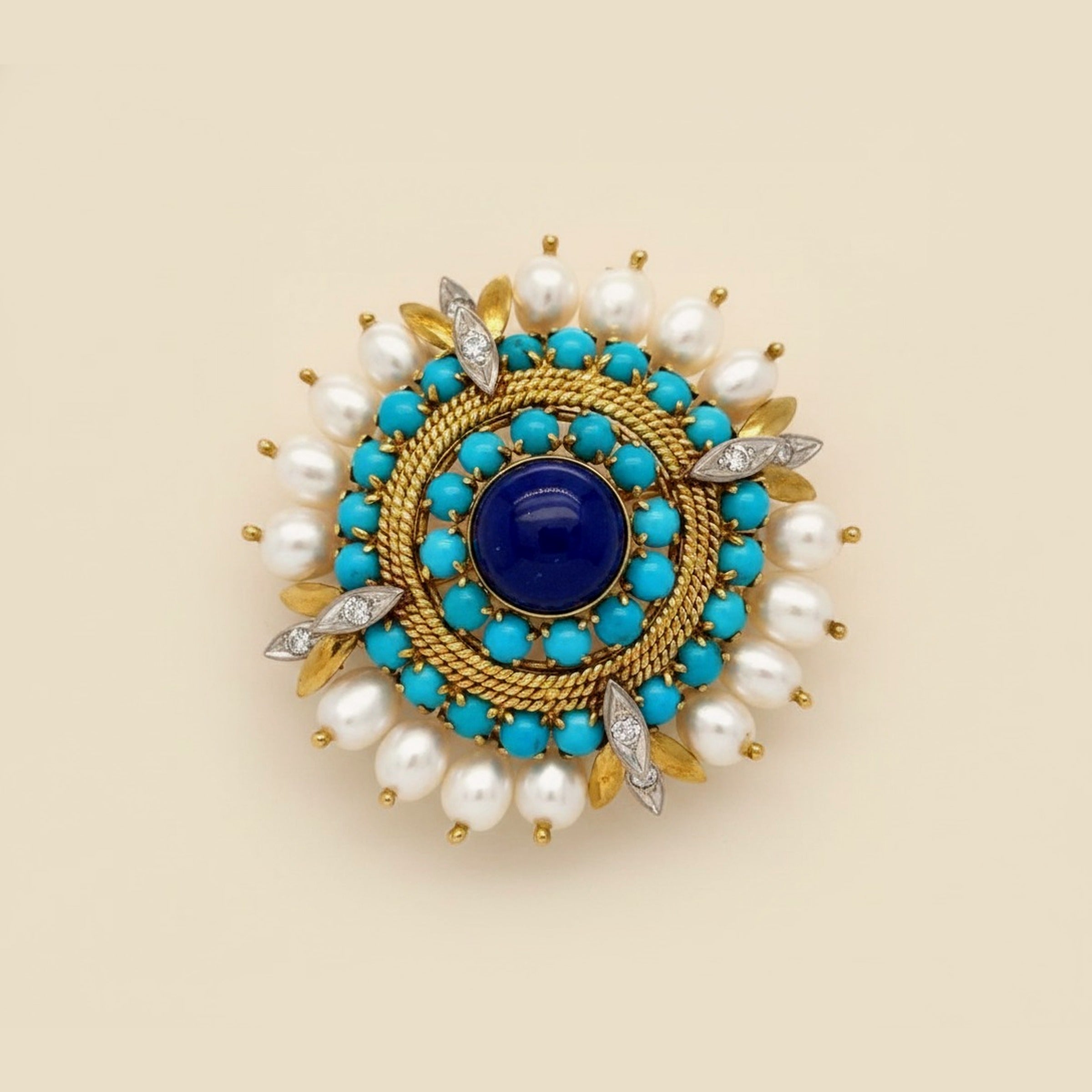 Yellow Gold Lapis, Turquoise, Diamond & Freshwater Pearl Brooch