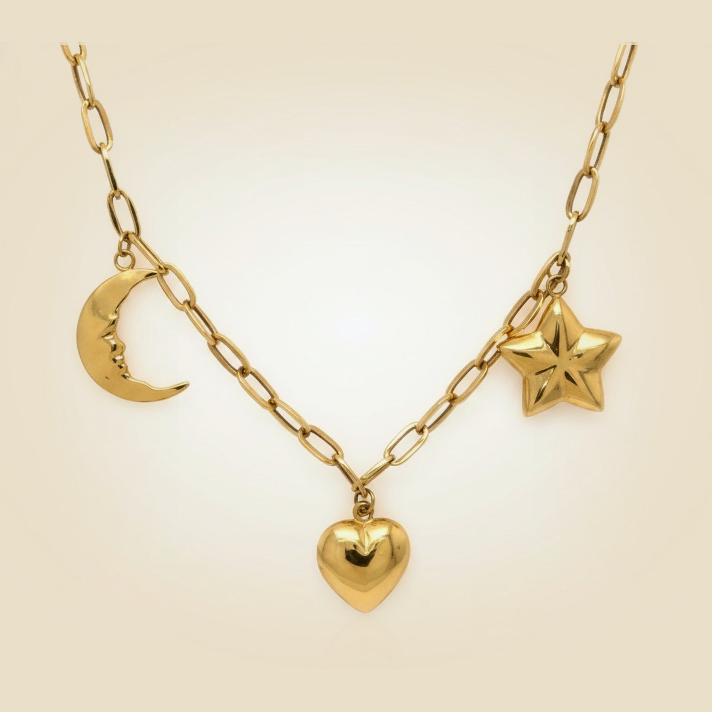 Yellow Gold Moon, Heart, and Stars Gold Bead Necklace