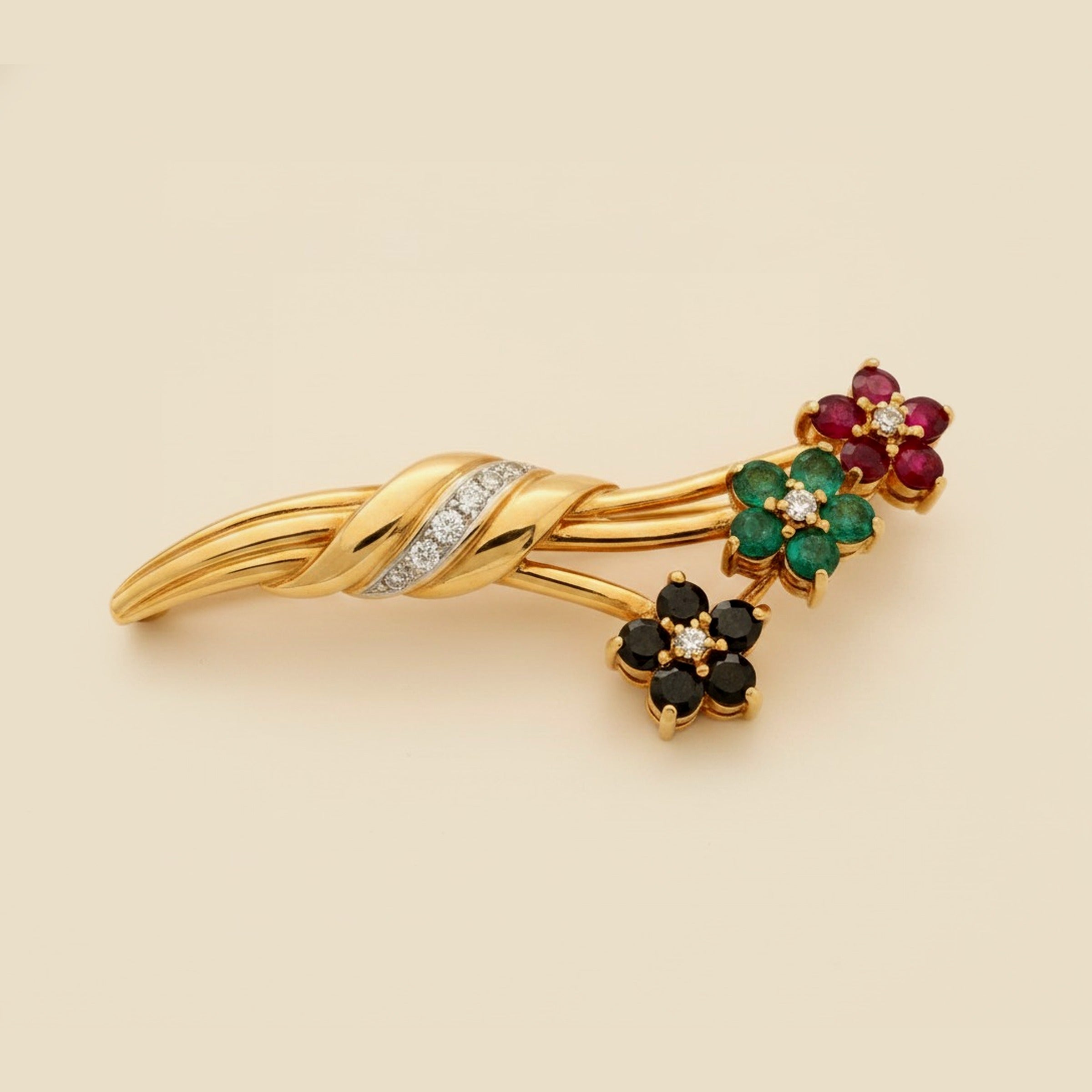 Yellow Gold Multi-Color Precious Gemstone & Diamond Flower Pin